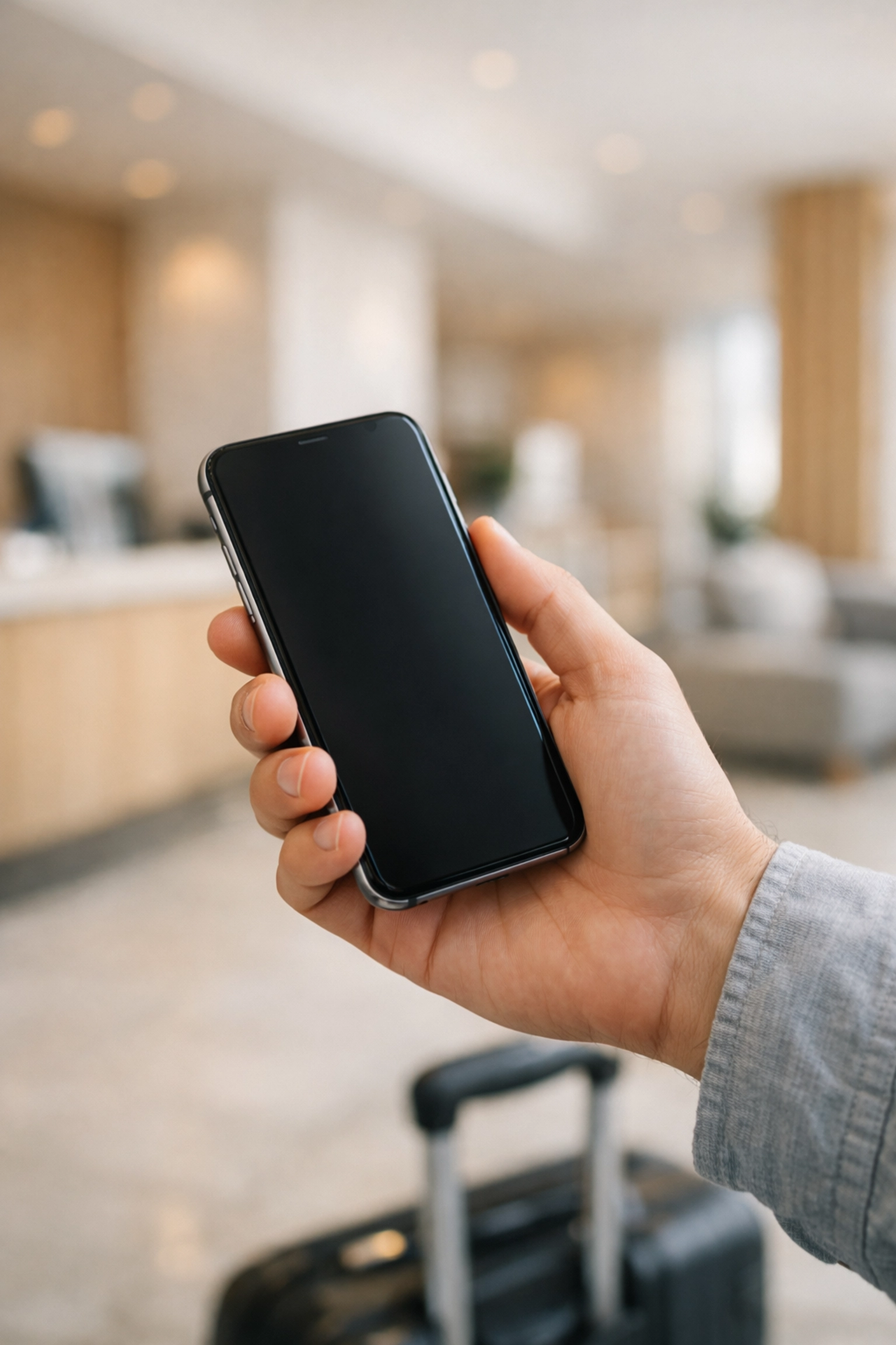 Guest using a mobile-first hotel booking engine on a smartphone in a modern, minimalist hotel lobby.