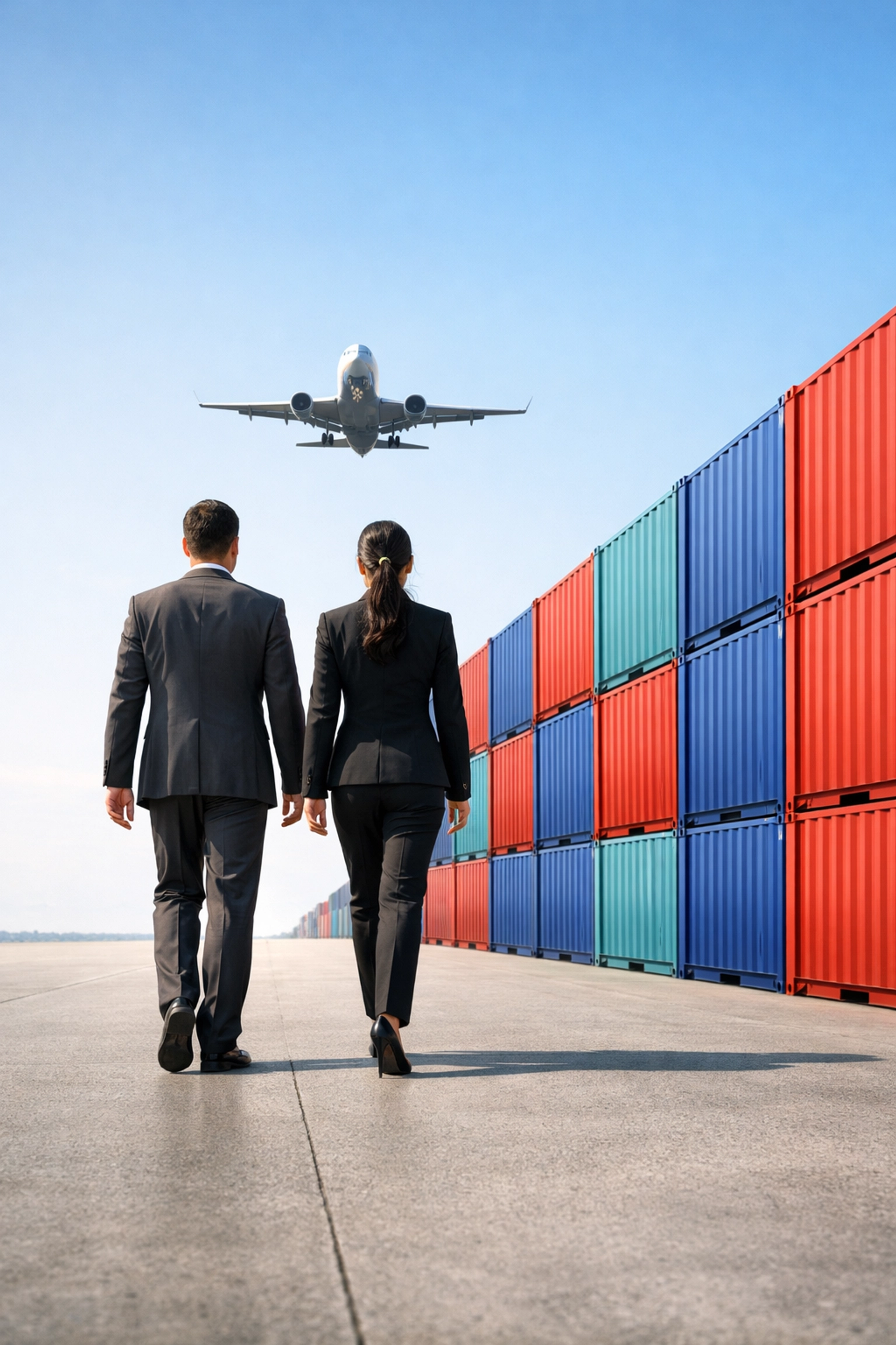 Logistics experts walking past colorful shipping containers, symbolizing a reliable global supply chain partnership.