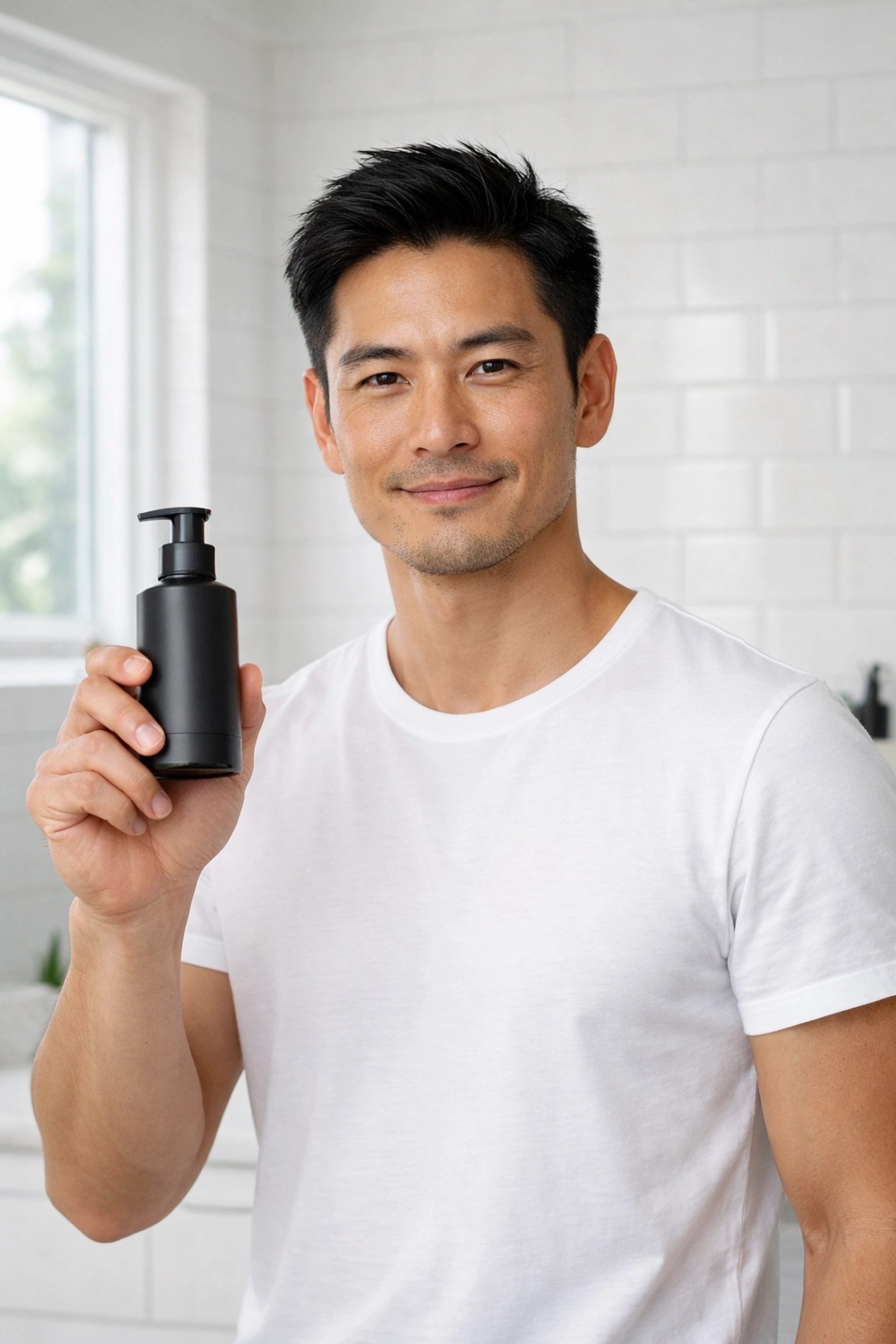Man holding quality grooming product in modern bathroom emphasizing minimalist skincare approach