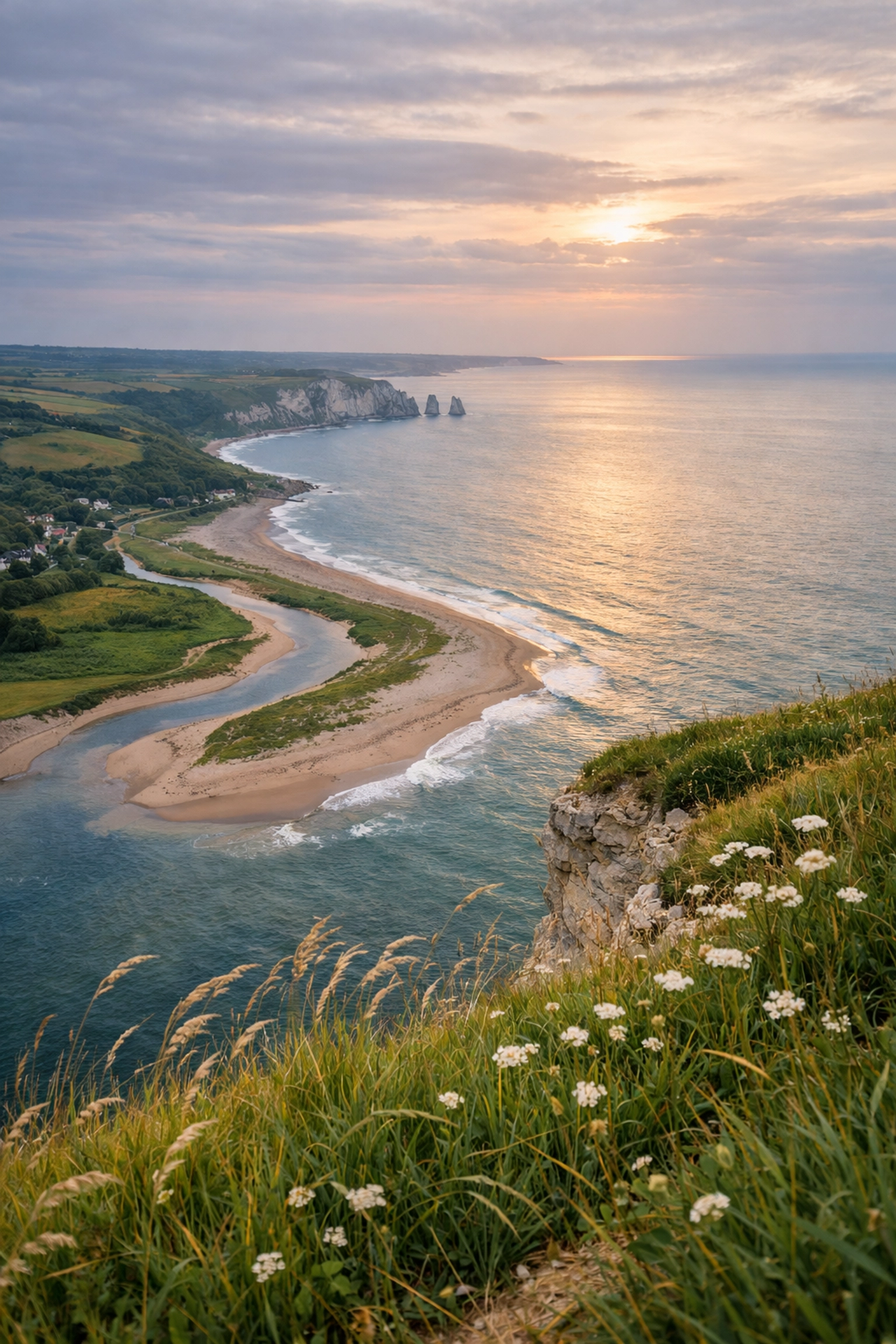 Peaceful UK clifftop overlooking the sea at sunset, a tranquil setting for scattering ashes ceremonies.