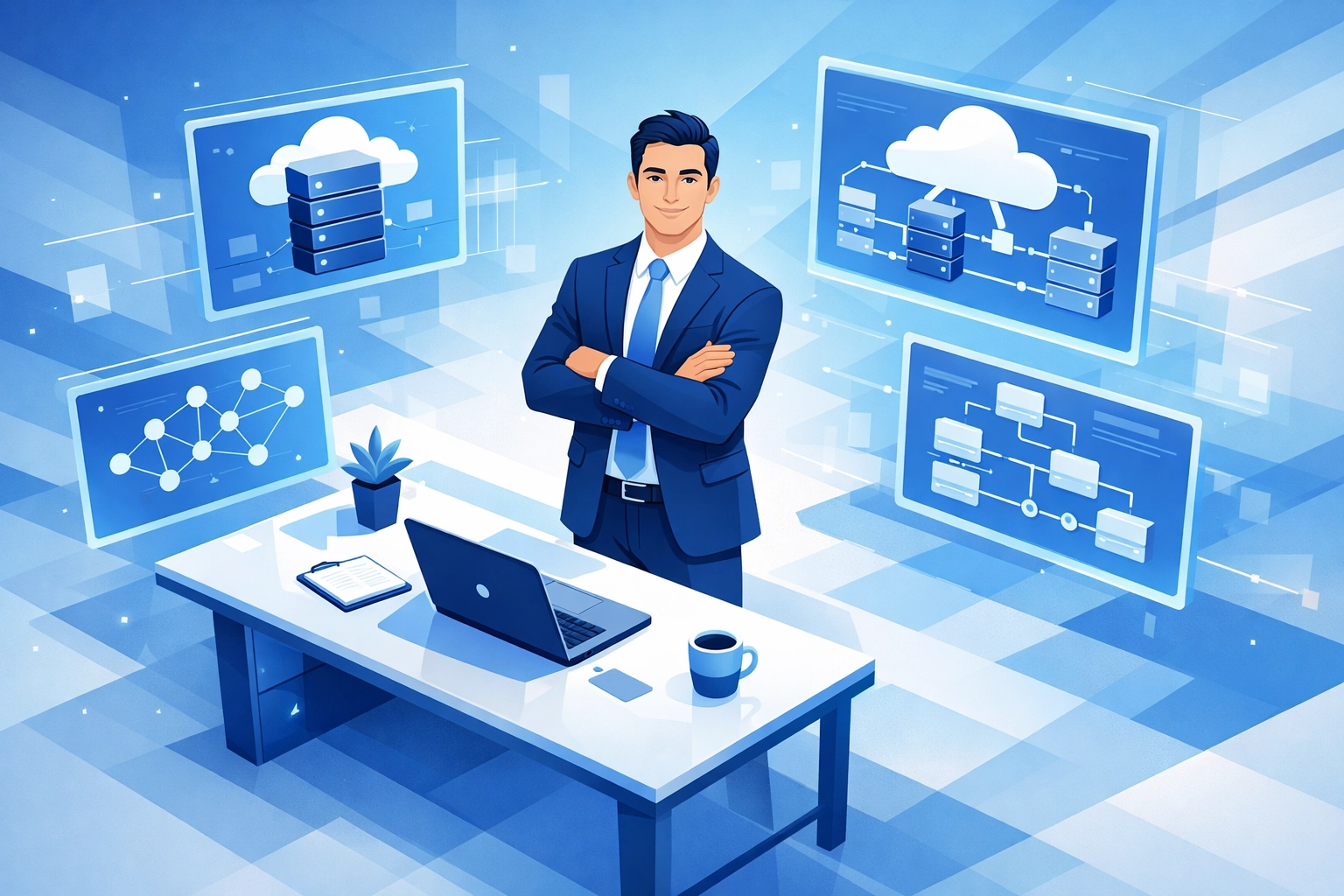 Business professional managing IT infrastructure with cloud and network systems