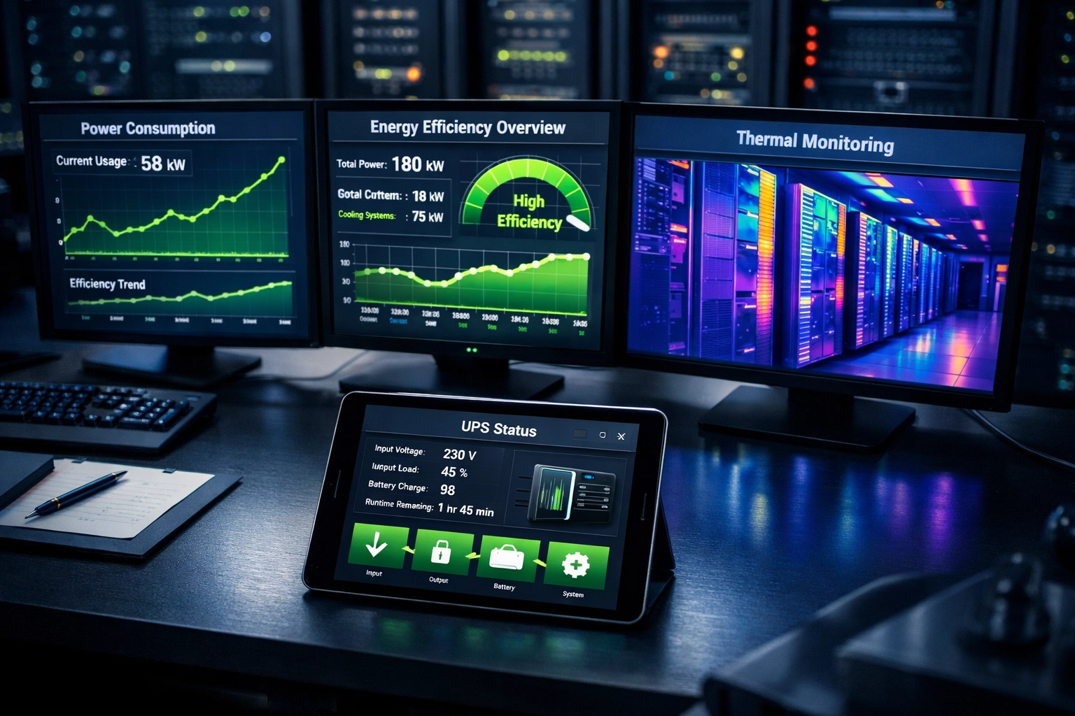 Data center monitoring dashboard displaying UPS efficiency metrics and energy savings