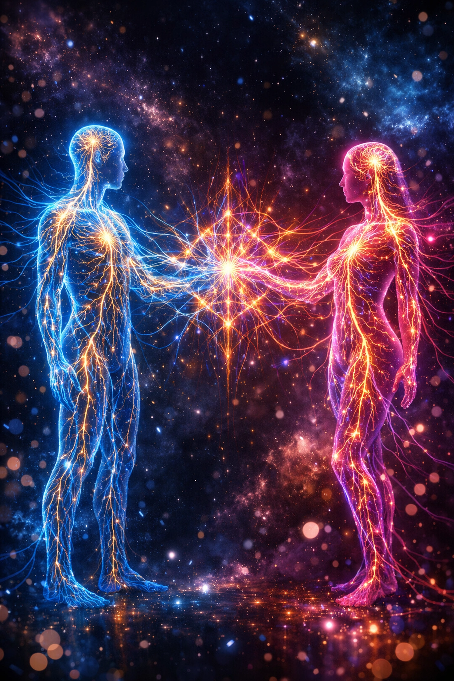 Visionary art of two nervous systems connecting through light to improve relationships via co-regulation.