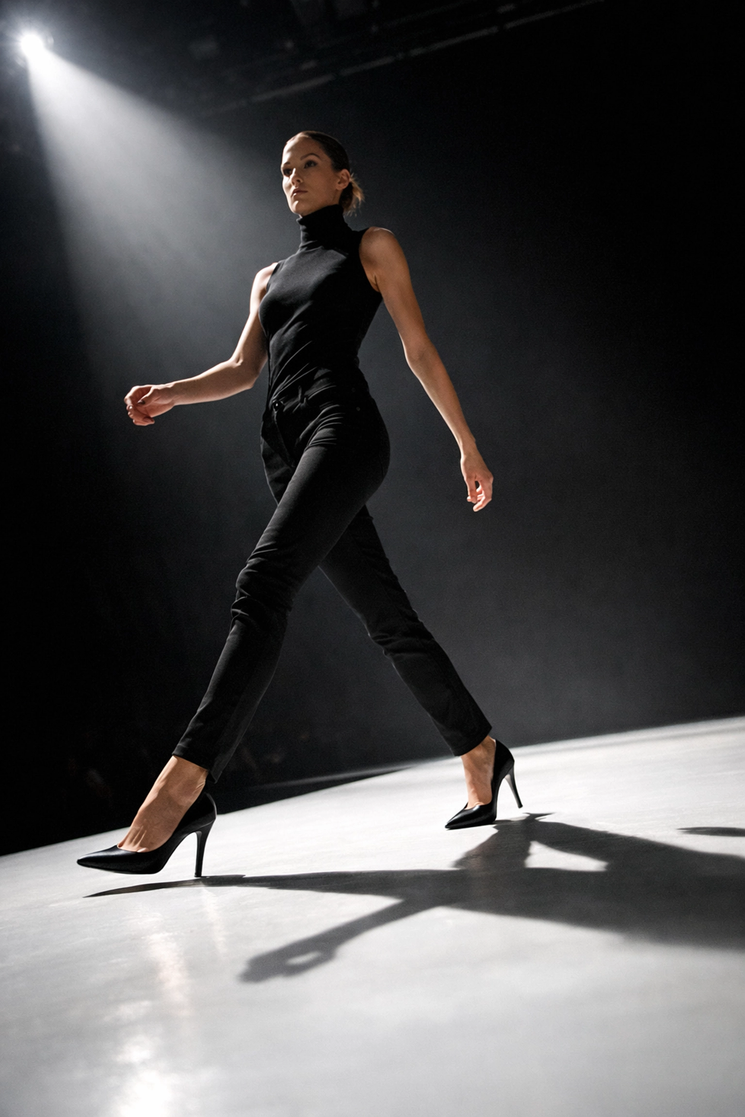 Professional runway model walking confidently during fashion show audition