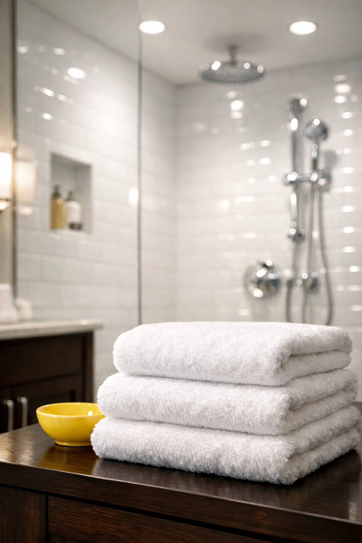 Sparkling clean luxury bathroom with white tiles and polished chrome fixtures in a Natick home.
