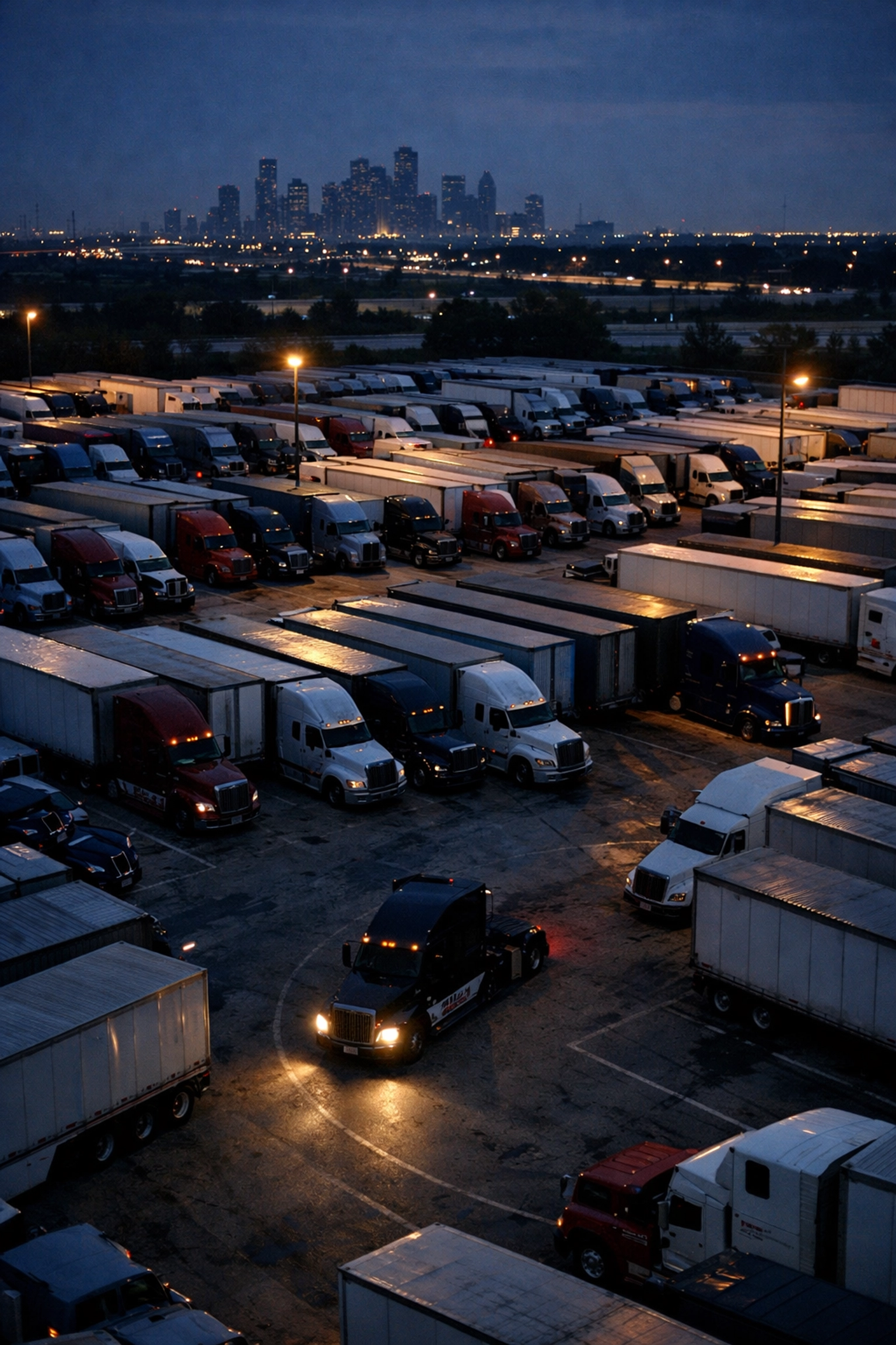 Crowded truck parking lot in Houston at dusk with semi-trucks searching for available spots