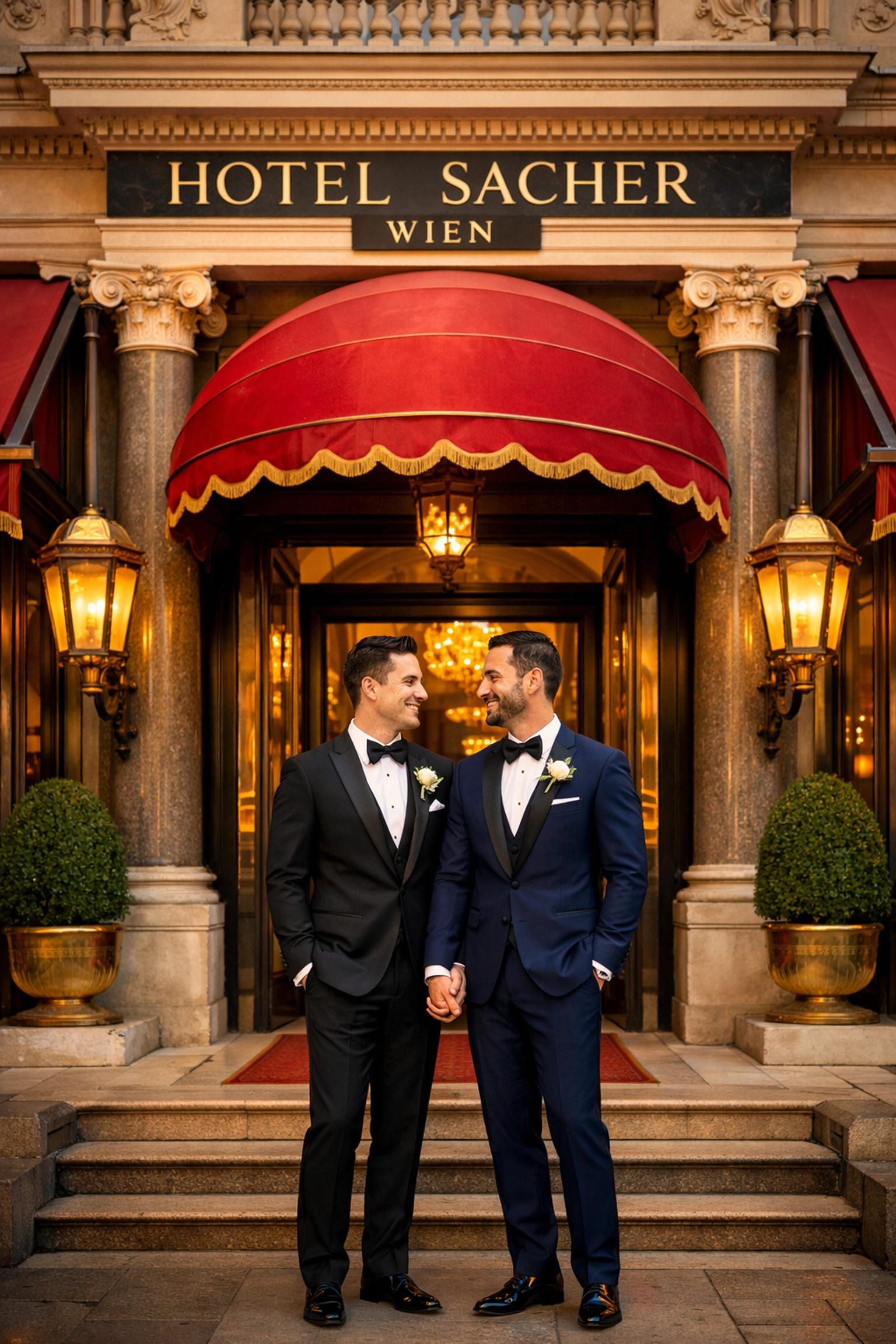 Gay couple at luxury Hotel Sacher Wien entrance for Vienna wedding