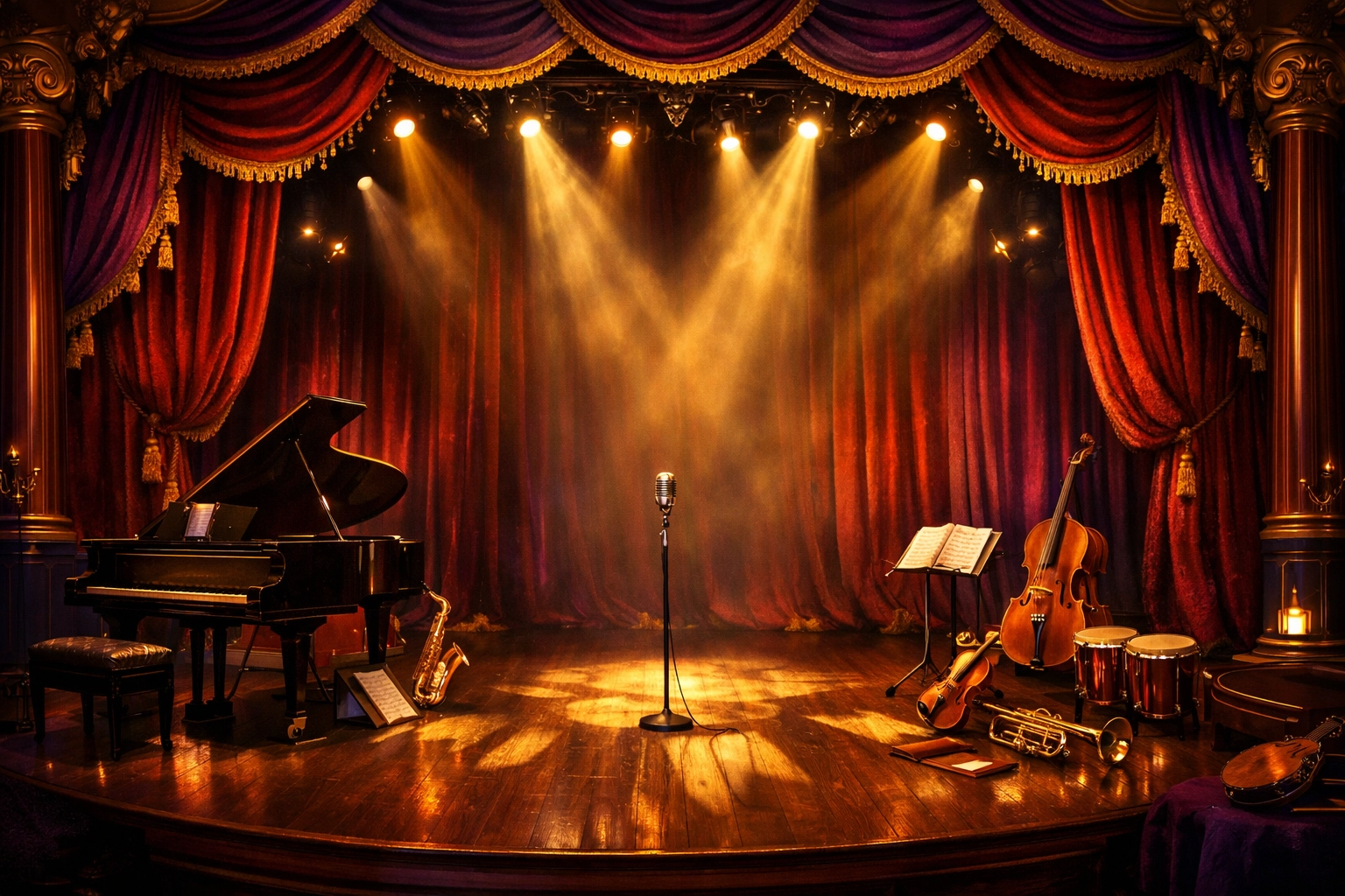 Grand theatre stage with red curtains and piano representing musical theatre heritage