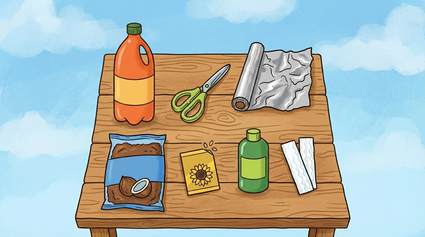 Bird's-eye view illustration of DIY hydroponics materials including bottle, seeds, nutrients, and coconut coir