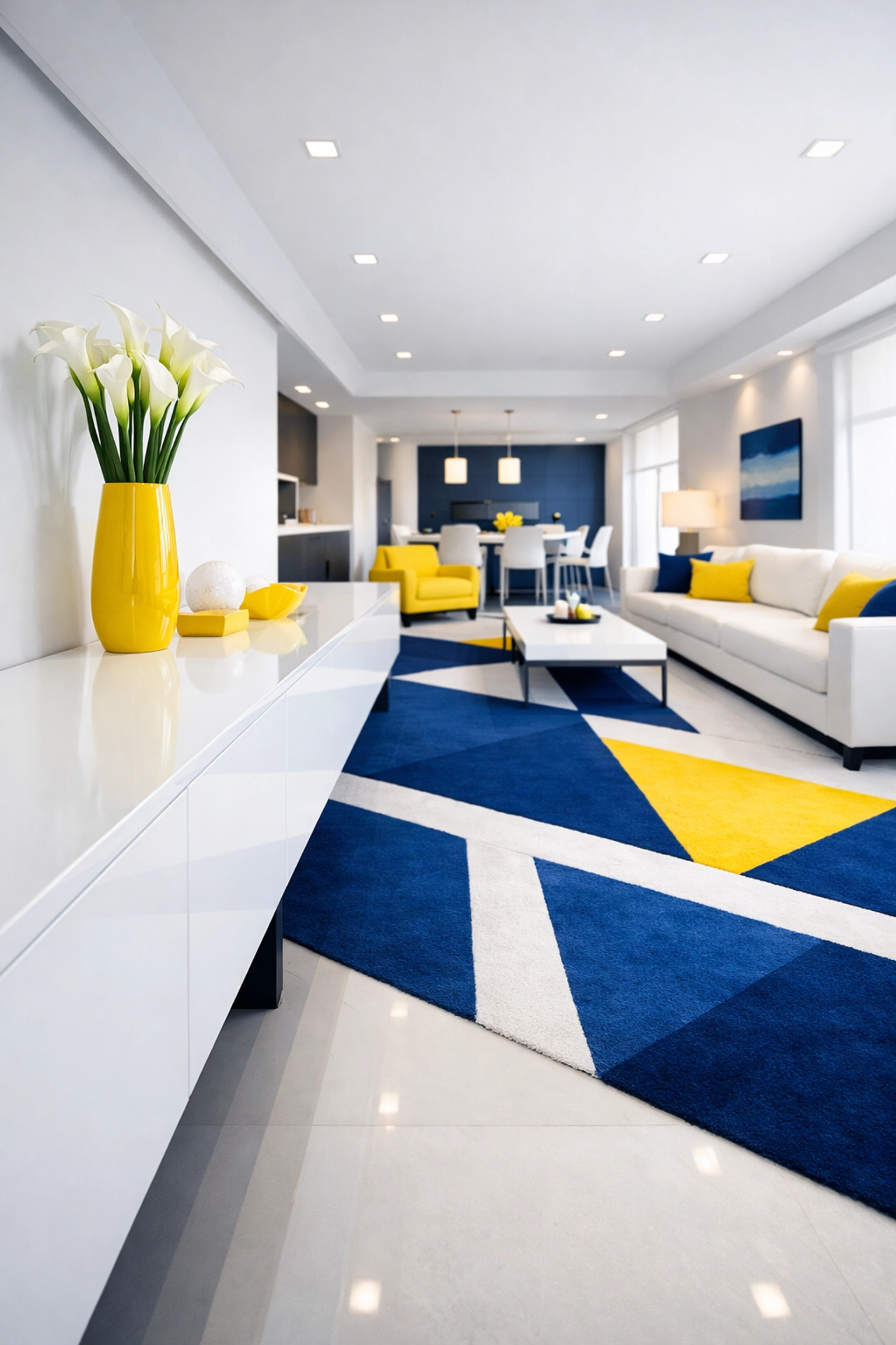 A minimalist living room with clean lines and blue decor, showcasing professional cleaning results.