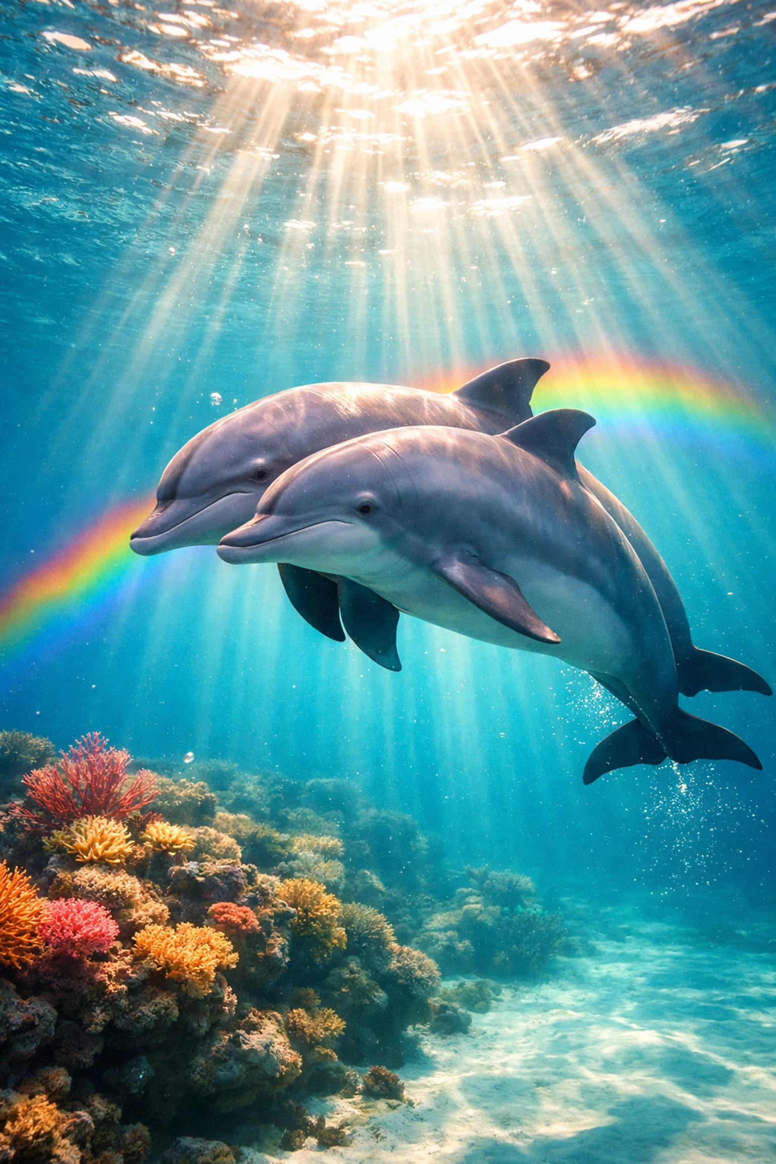 Two male dolphins swimming together in a coral reef, showcasing same-sex behavior in the wild.