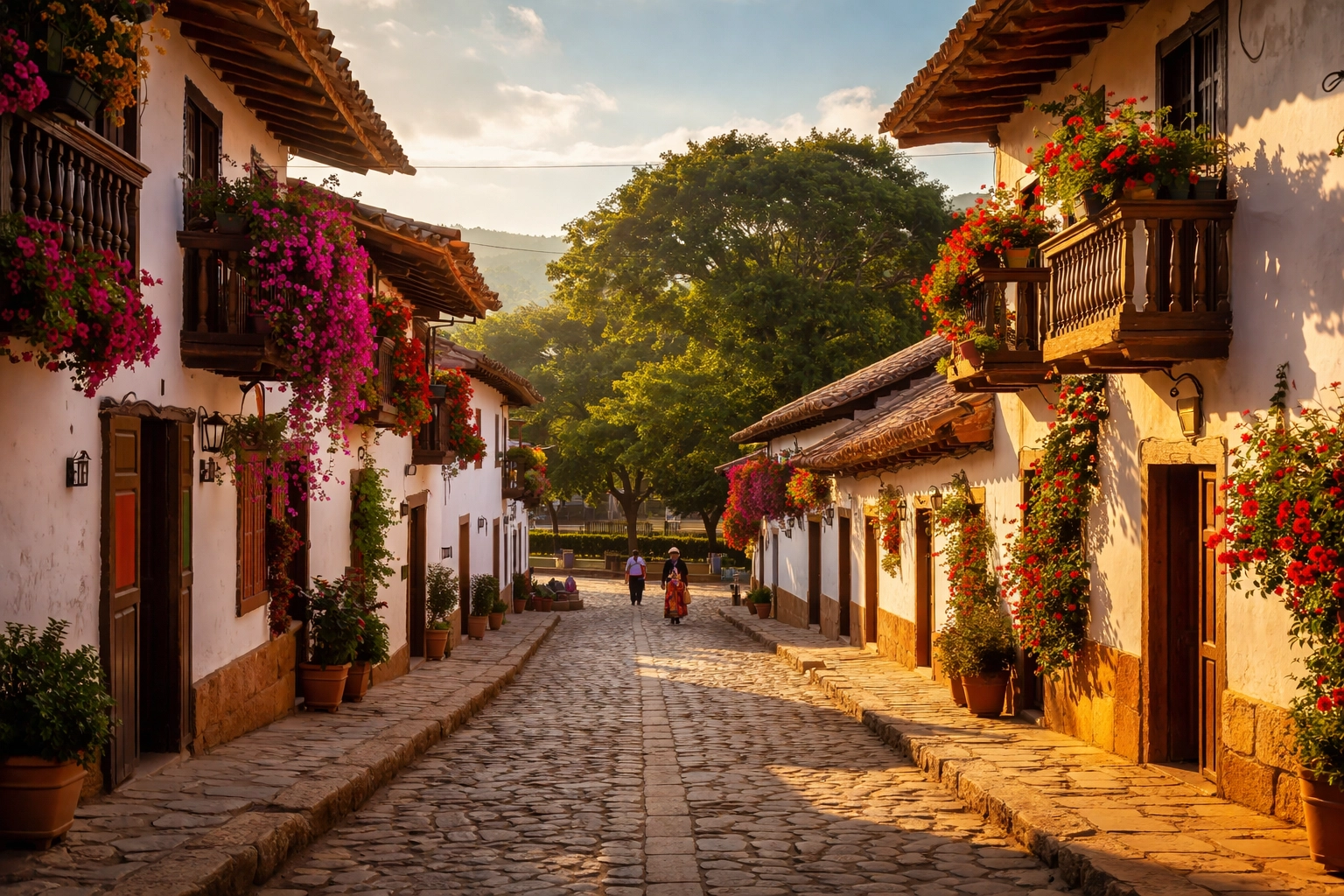 Colonial cobblestone street with whitewashed buildings in San Agustín town, Colombian Andes