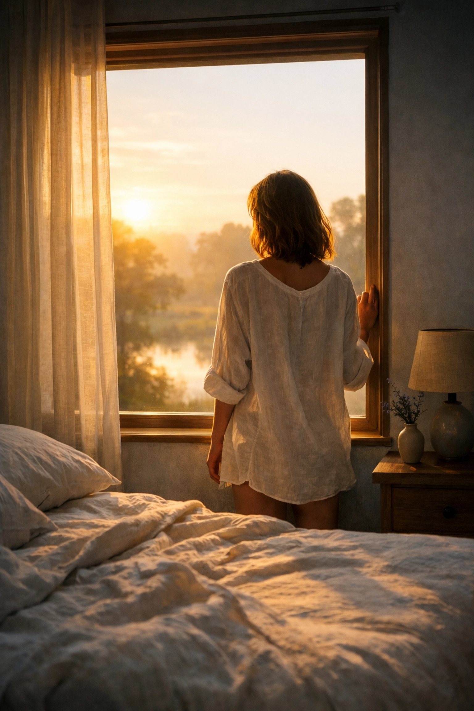 Woman watching the sunrise to regulate her circadian rhythm for cellular repair and breast health.