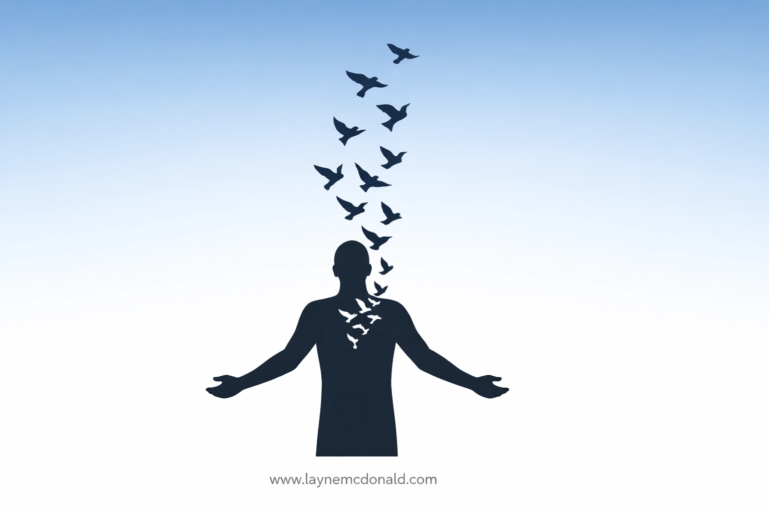 Silhouette of a person in worship releasing birds into the sky, symbolizing emotional healing and spiritual surrender.