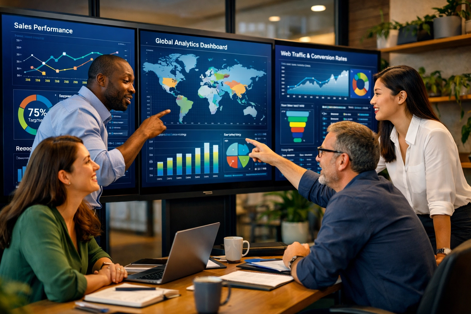 Business team analyzing digital performance metrics and data dashboards in collaborative meeting