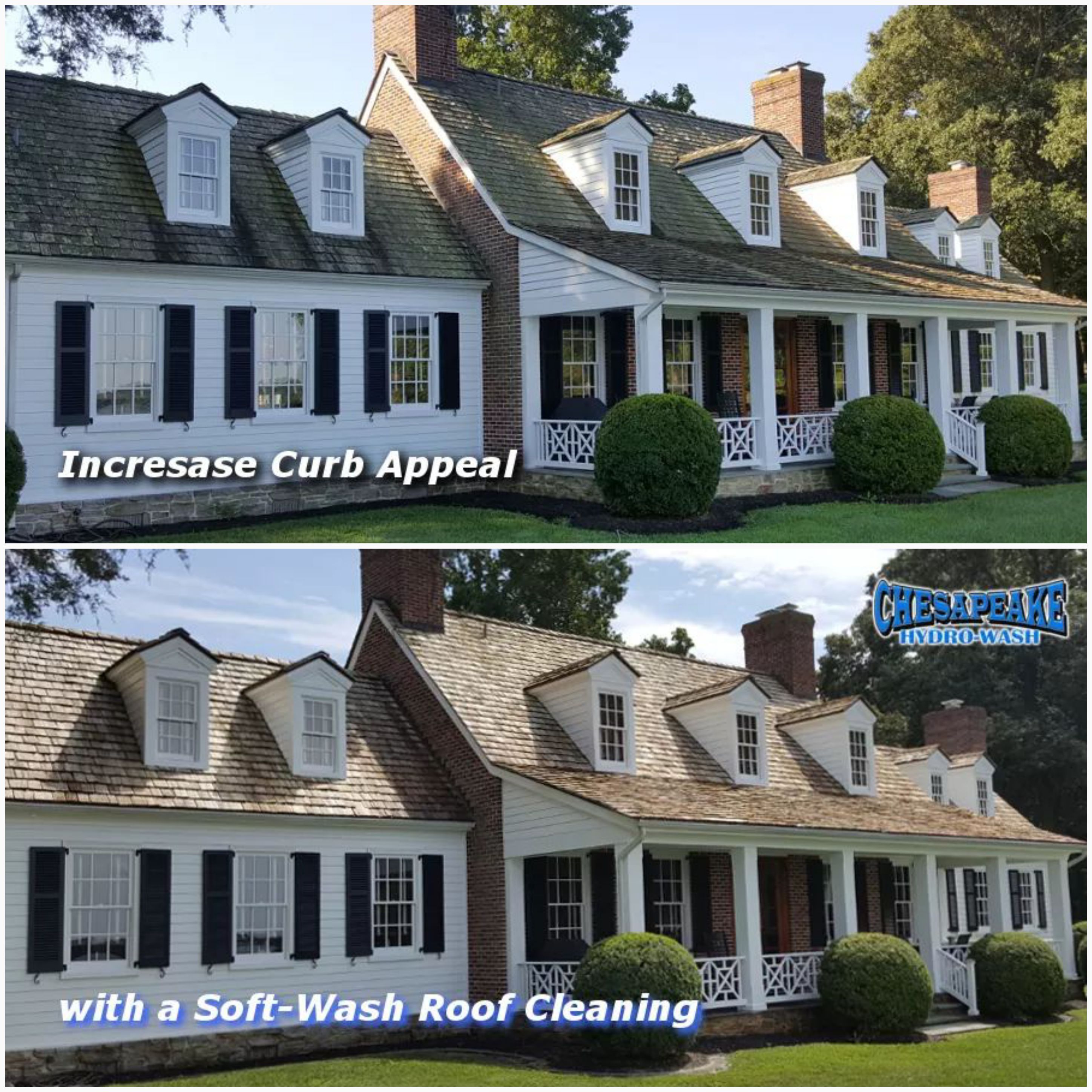 Side-by-side comparison of a residential home before and after a non-pressure soft-wash roof cleaning service