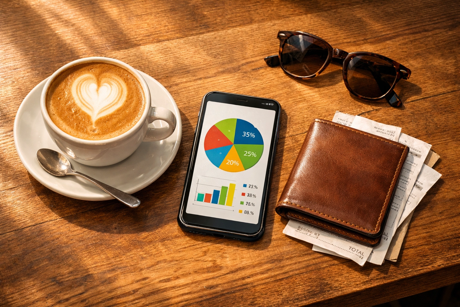 Tracking monthly spending and variable expenses using a budget app on a smartphone at a coffee shop.
