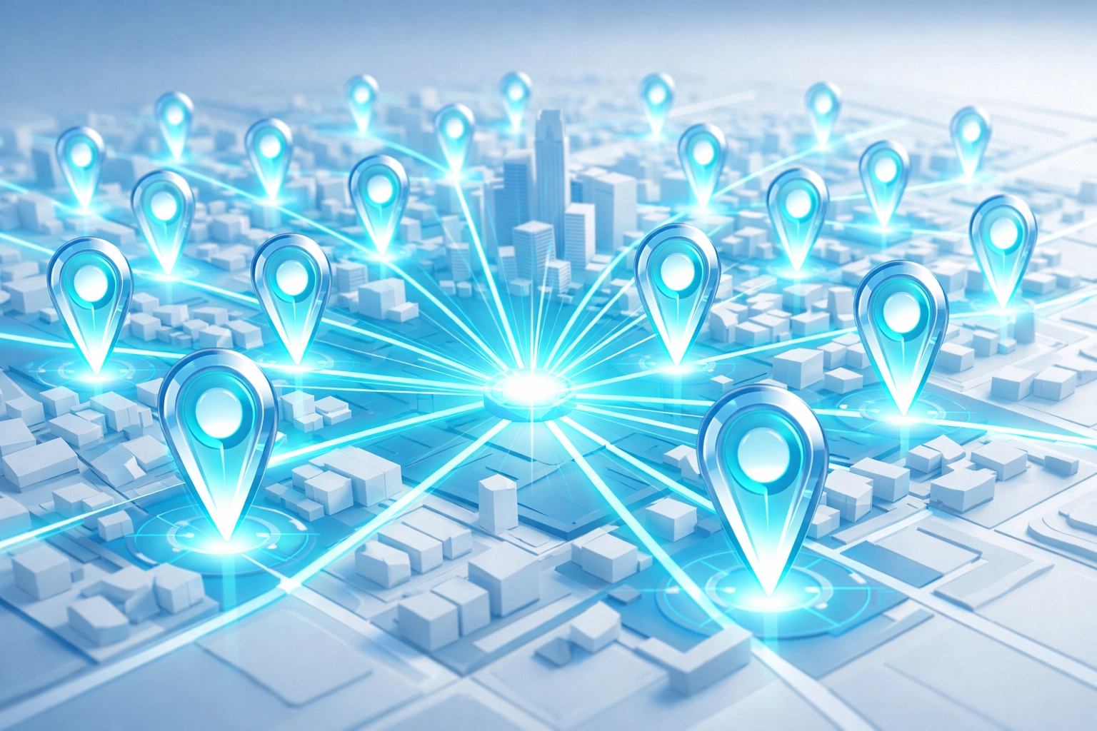 Isometric city map illustrating automated search visibility across multiple wellness practice locations.