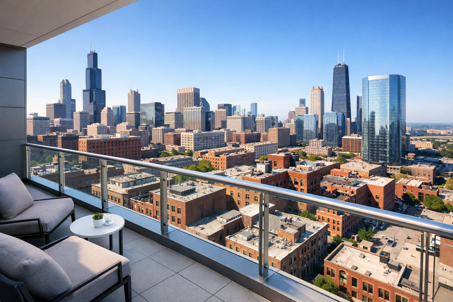 Sun-drenched Chicago and Detroit city skyline viewed from a modern high-rise apartment balcony.