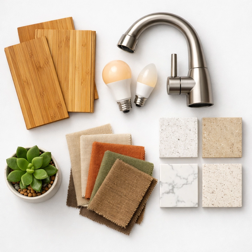 Sustainable home renovation materials including bamboo flooring and eco-friendly fixtures