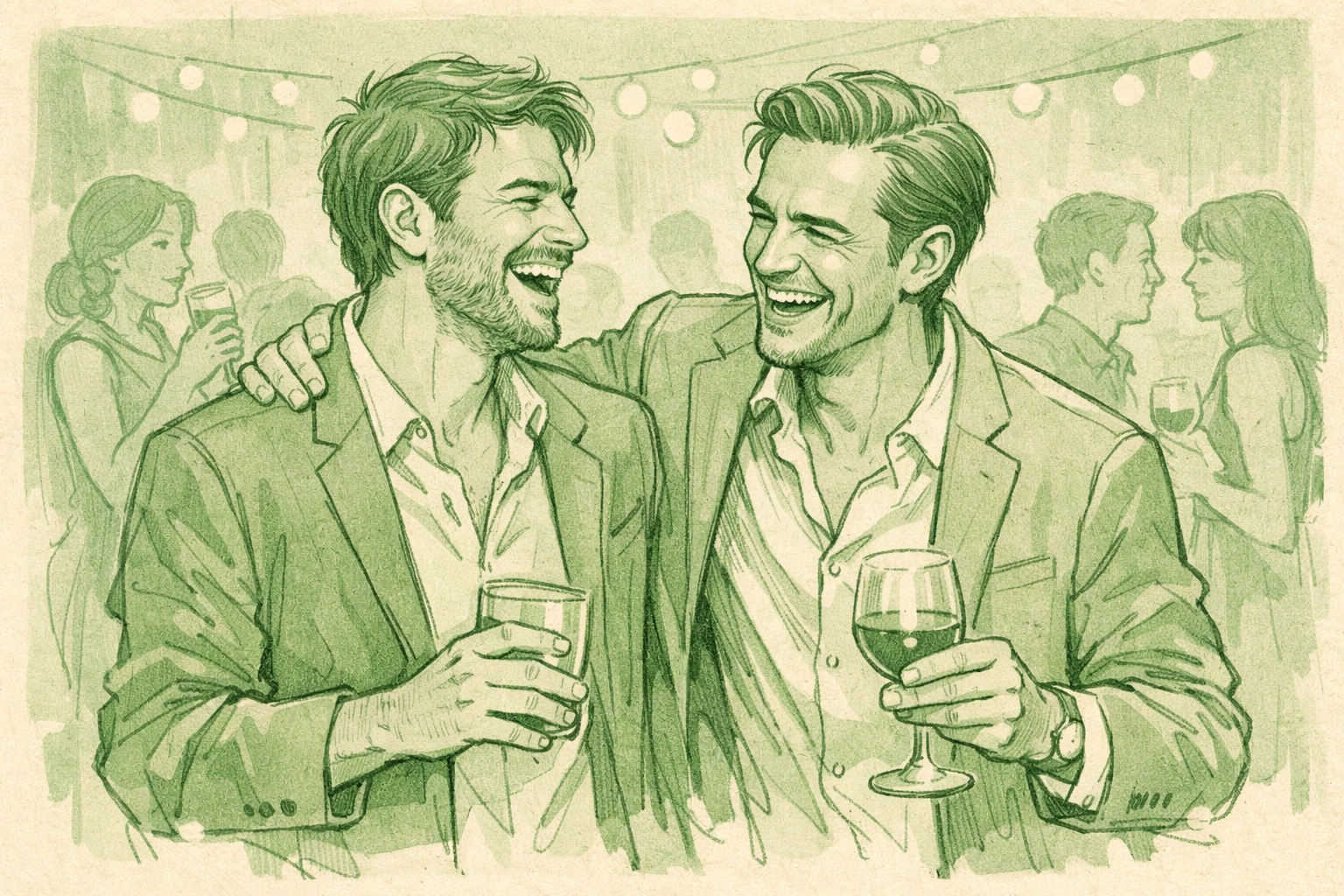 Bisexual men connecting authentically at private social gathering with community support