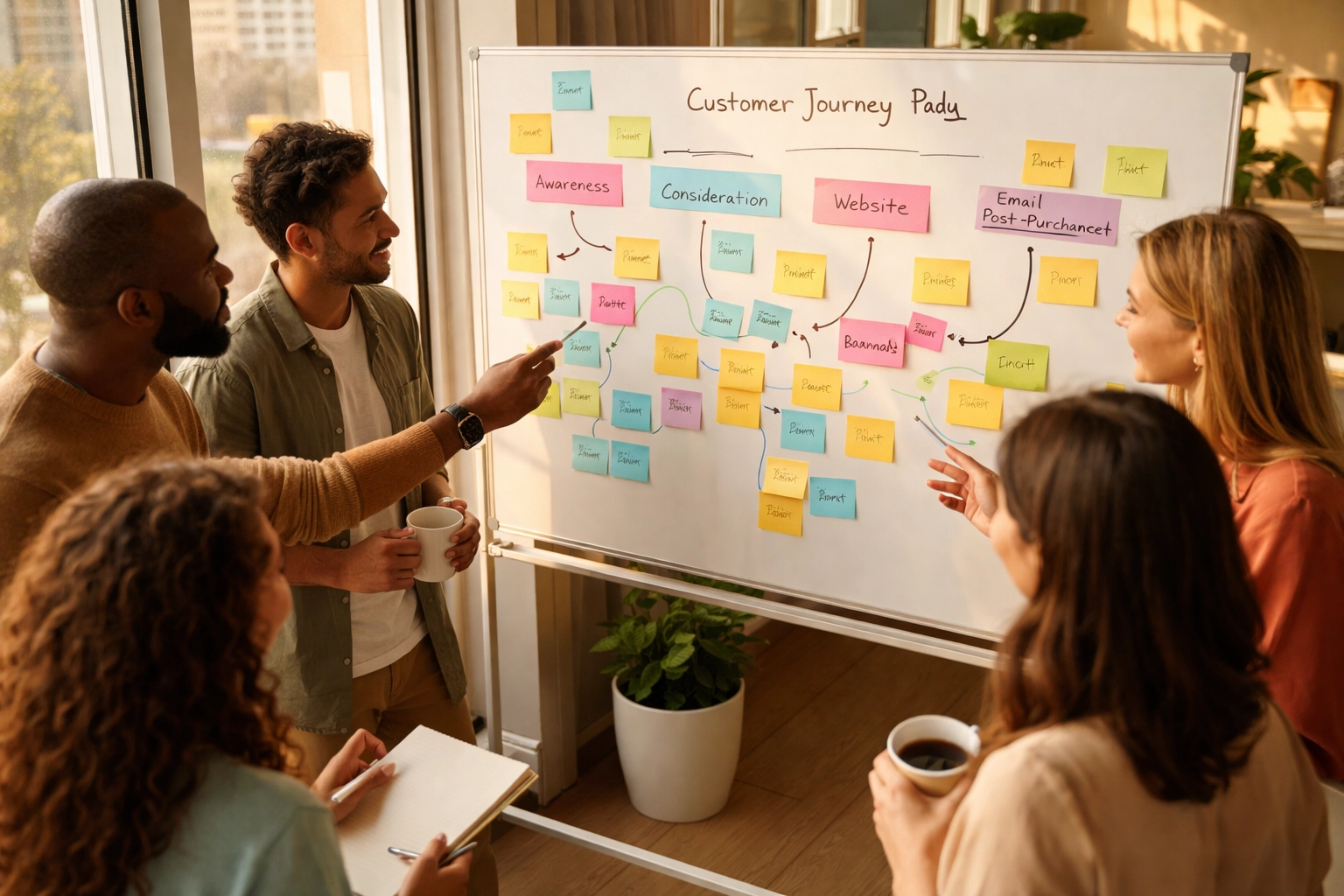 Diverse business team mapping customer journey stages on a whiteboard during a collaborative brainstorming session.