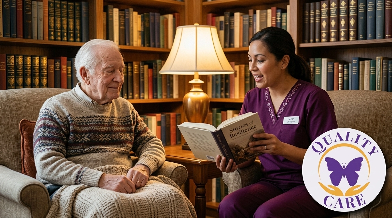 Caregiver reading to a resident in a cozy library