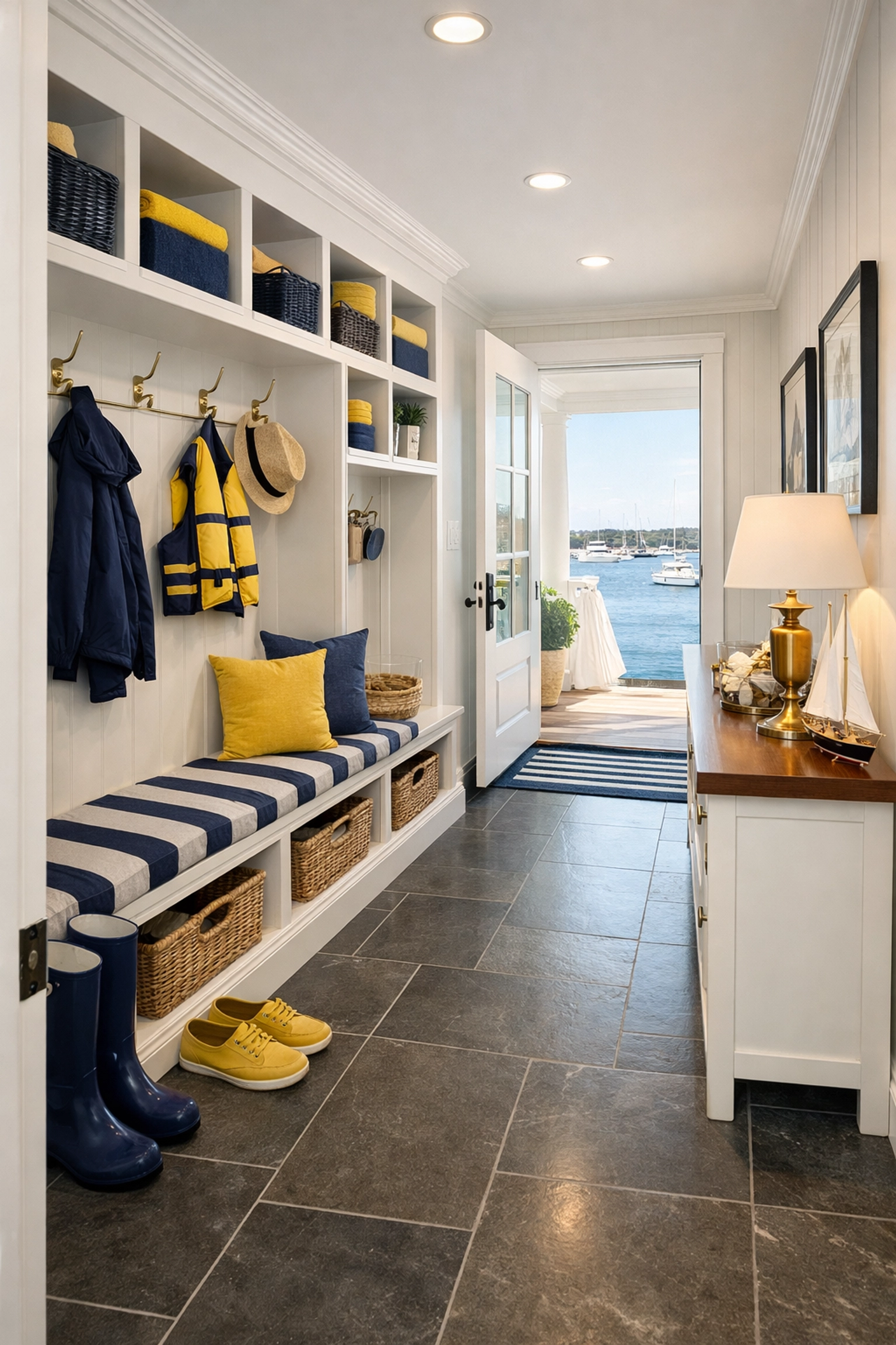 Expert luxury cleaning in Marblehead ensures a sand-free, spotless mudroom in a coastal harbor-front home.