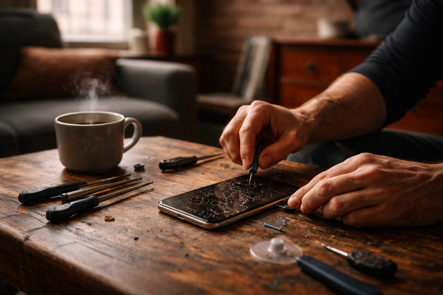 Technician replacing cracked iPhone screen on a coffee table in cozy Brooklyn apartment during same-day phone repair visit.