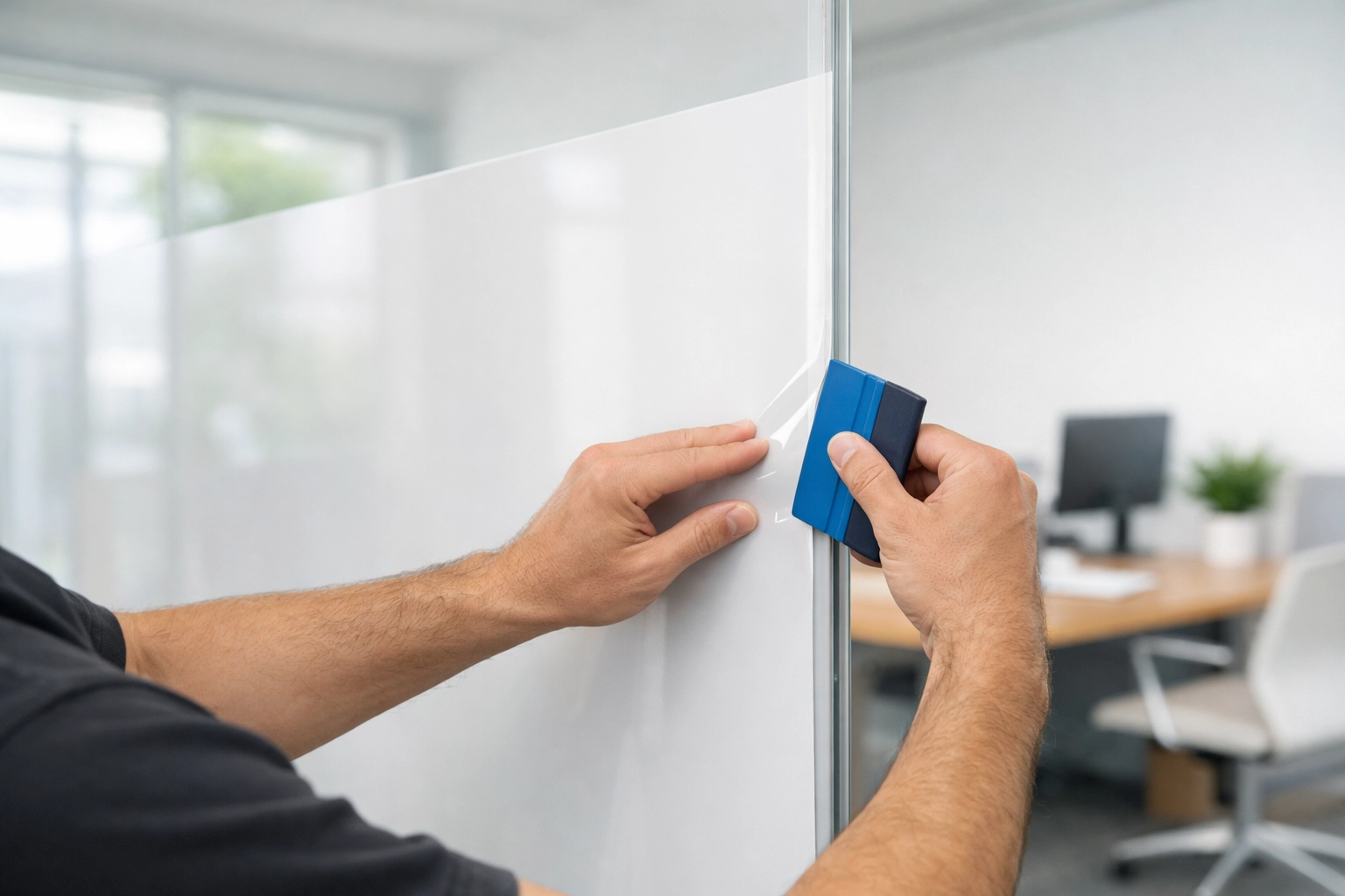 Professional installing switchable smart film on office glass partition