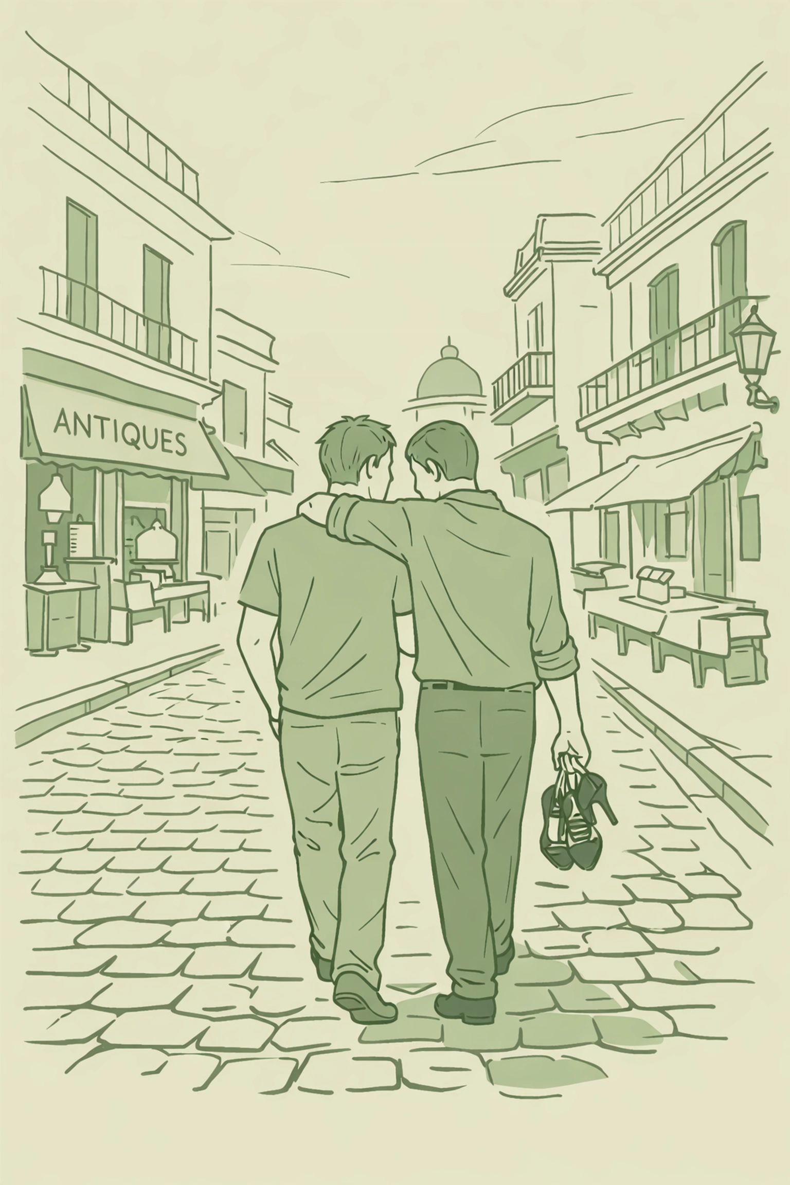 Two men walking through San Telmo Buenos Aires neighborhood carrying tango shoes