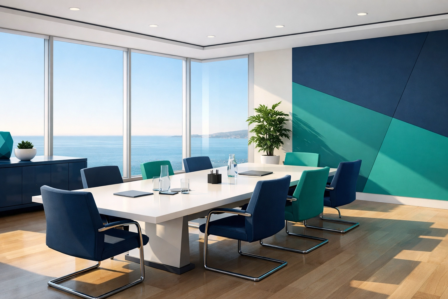 Sunlit boardroom with a simple contract folder on the table, navy and teal accents, bright natural light, minimal distractions, landscape