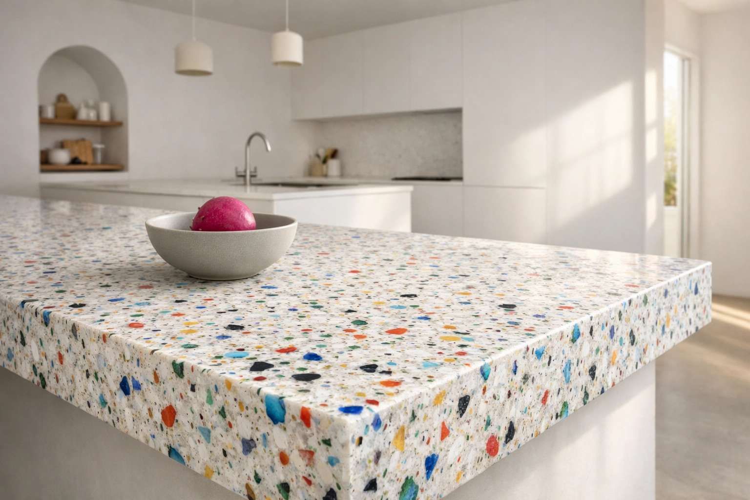 Modern kitchen island with a bespoke confetti-patterned recycled plastic benchtop made from diverted waste.