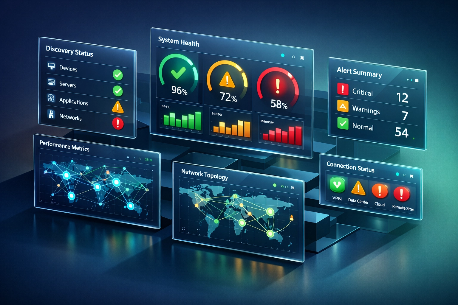 ServiceNow Discovery monitoring dashboard displaying health metrics and error resolution status indicators