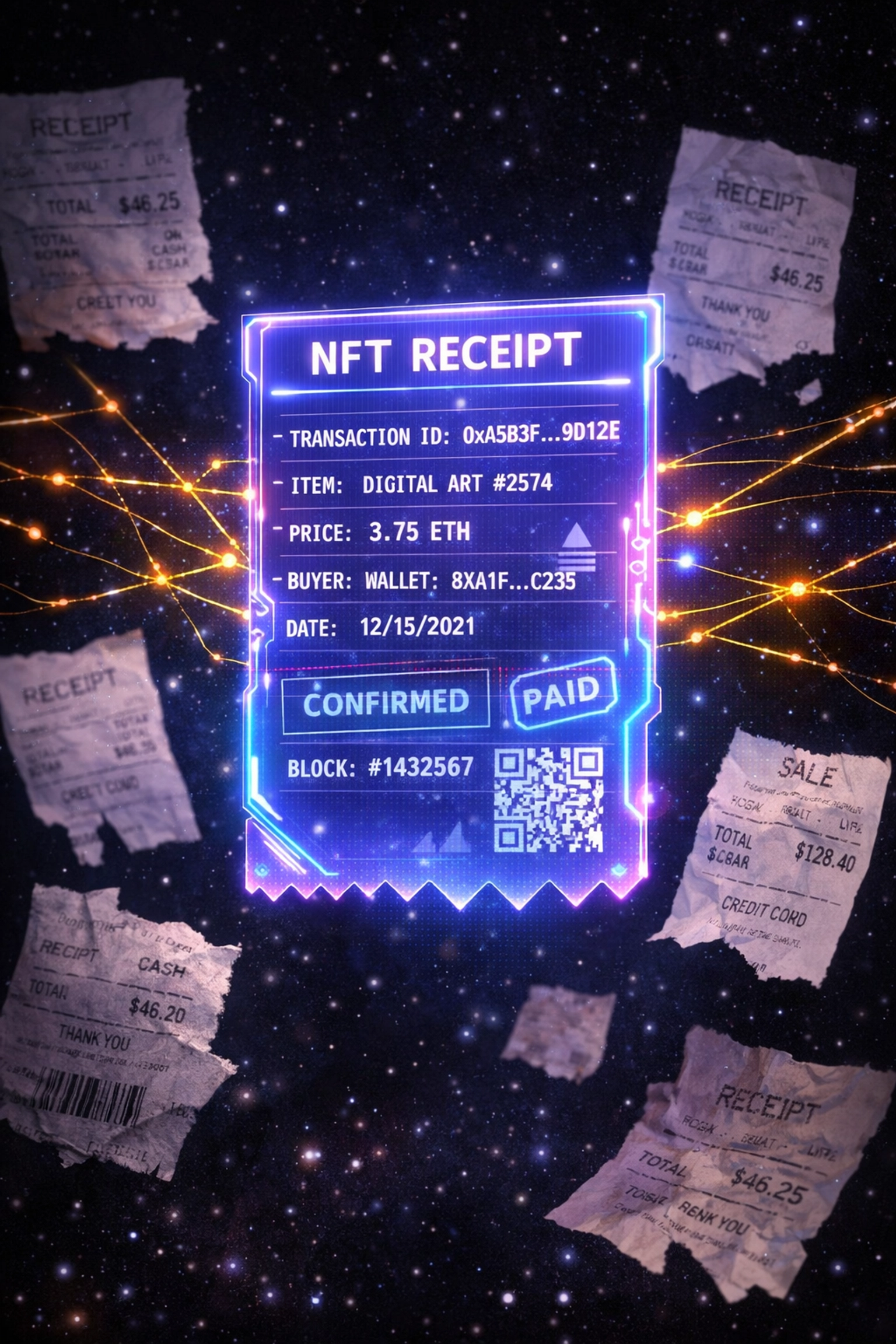 Blockchain NFT receipt with transaction details versus traditional paper receipts