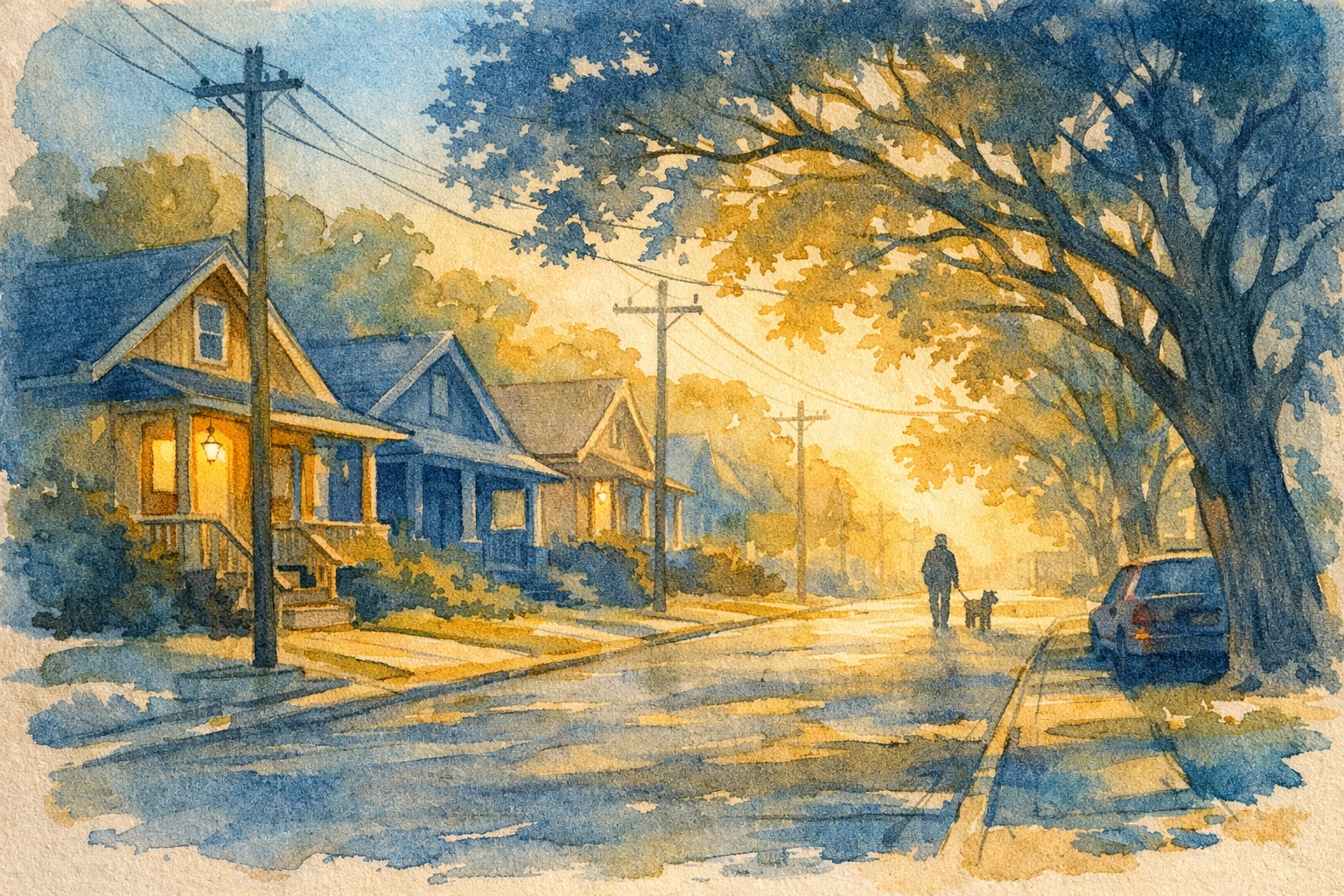 Peaceful Memphis neighborhood street at dawn with person walking dog, finding God in ordinary moments
