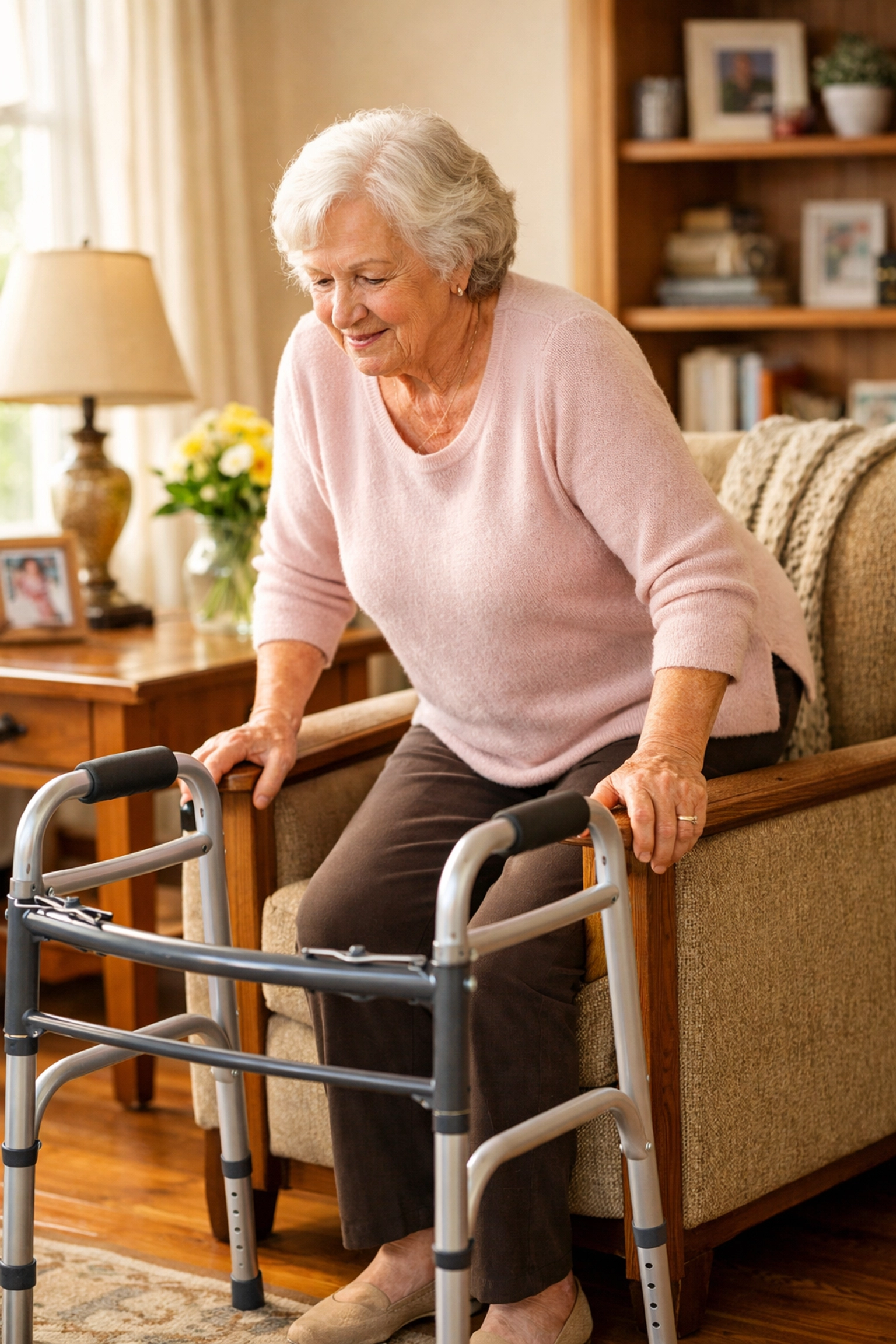 Senior woman standing up by pushing off chair armrests safely instead of pulling on her walker.