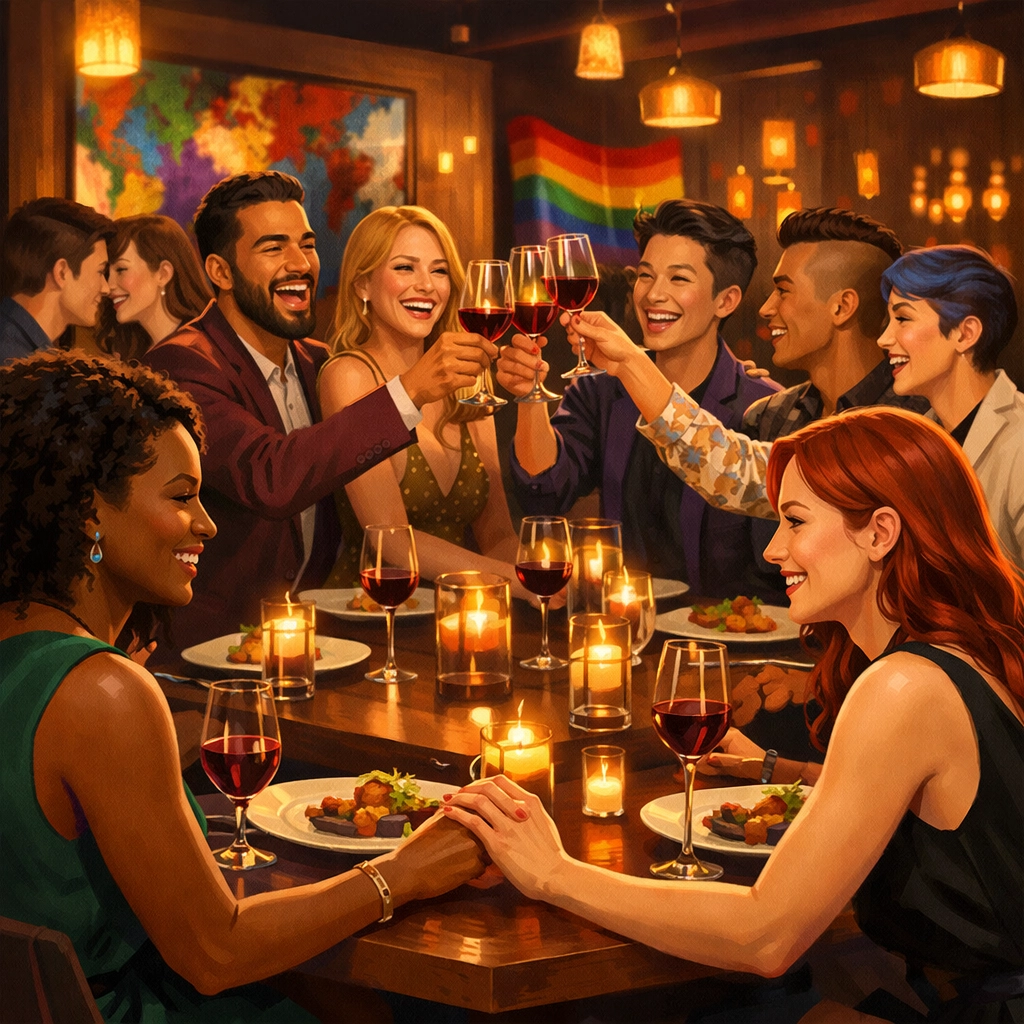 LGBTQ+ friends celebrating together at upscale queer-owned restaurant