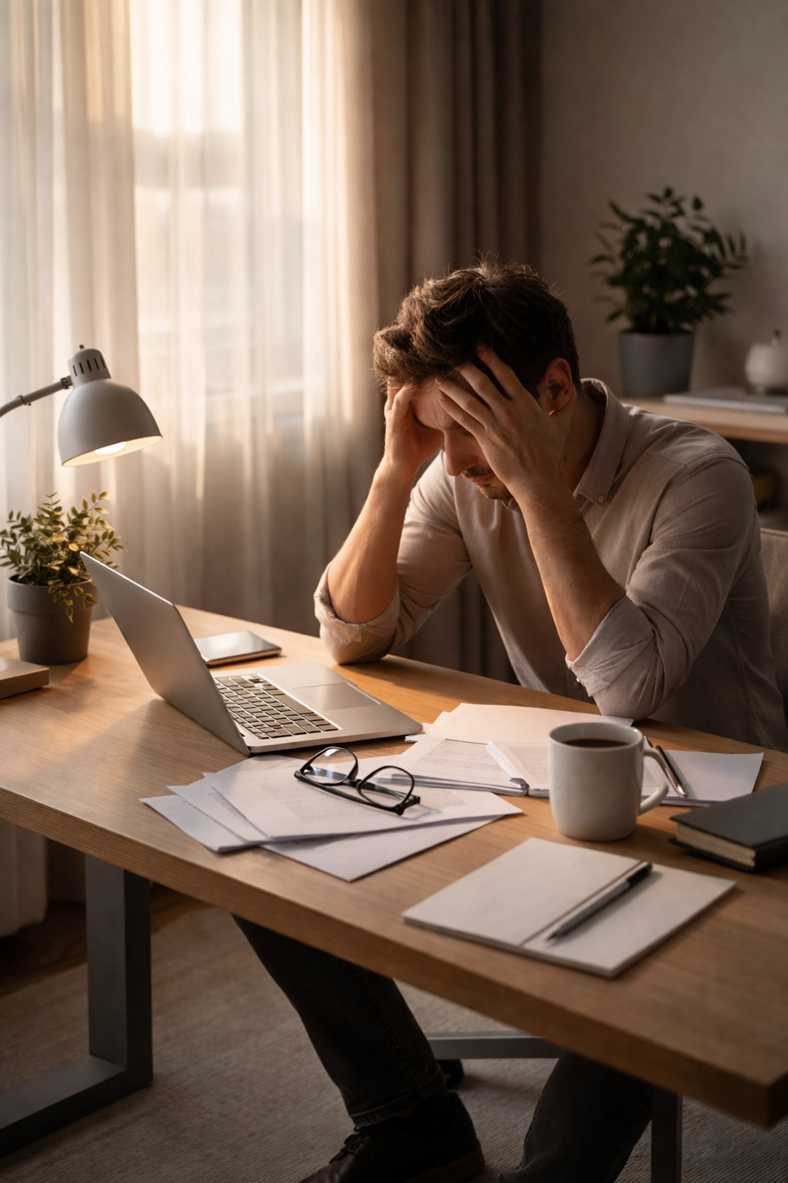 An exhausted founder sits alone at a desk, showing signs of burnout and startup fatigue in a quiet home office.