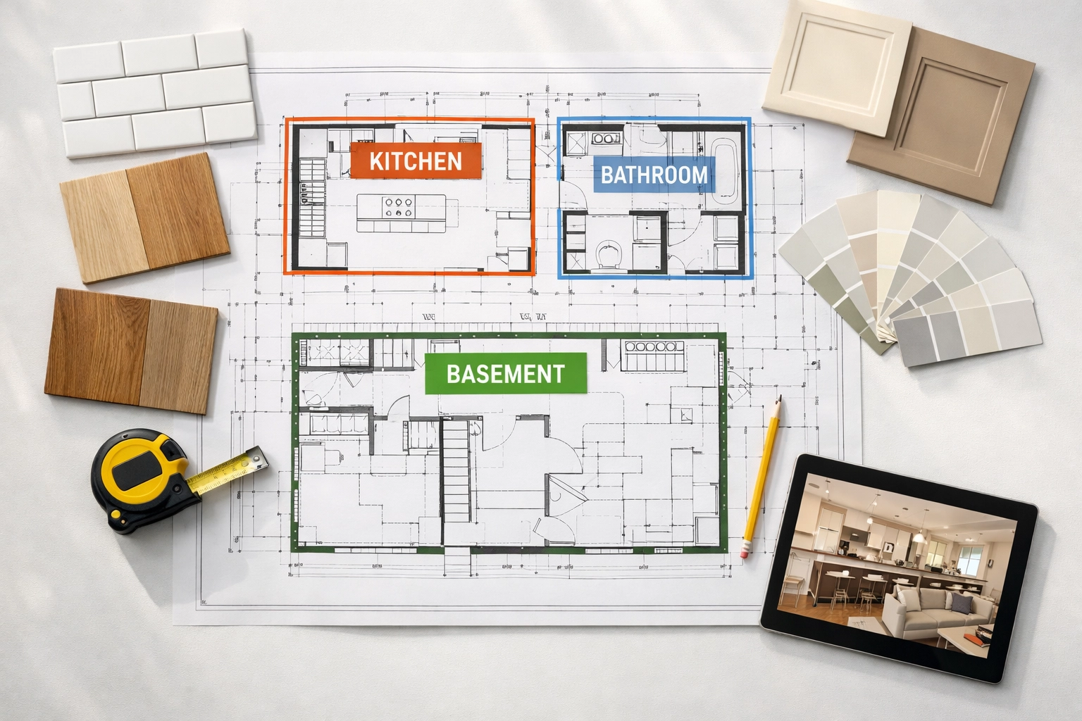 Remodeling blueprints and material samples for St. Louis kitchen, bath, and basement project
