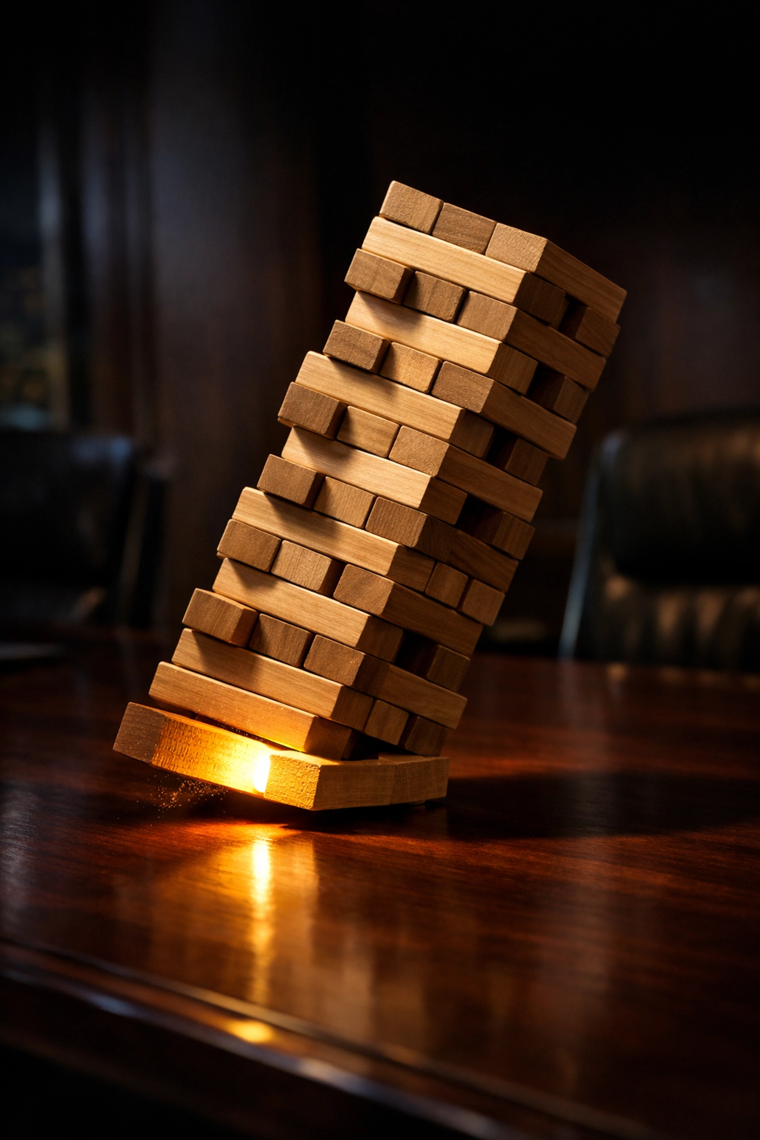 A wooden block tower tilting, illustrating the risk of owner-dependency when valuing a business for sale.