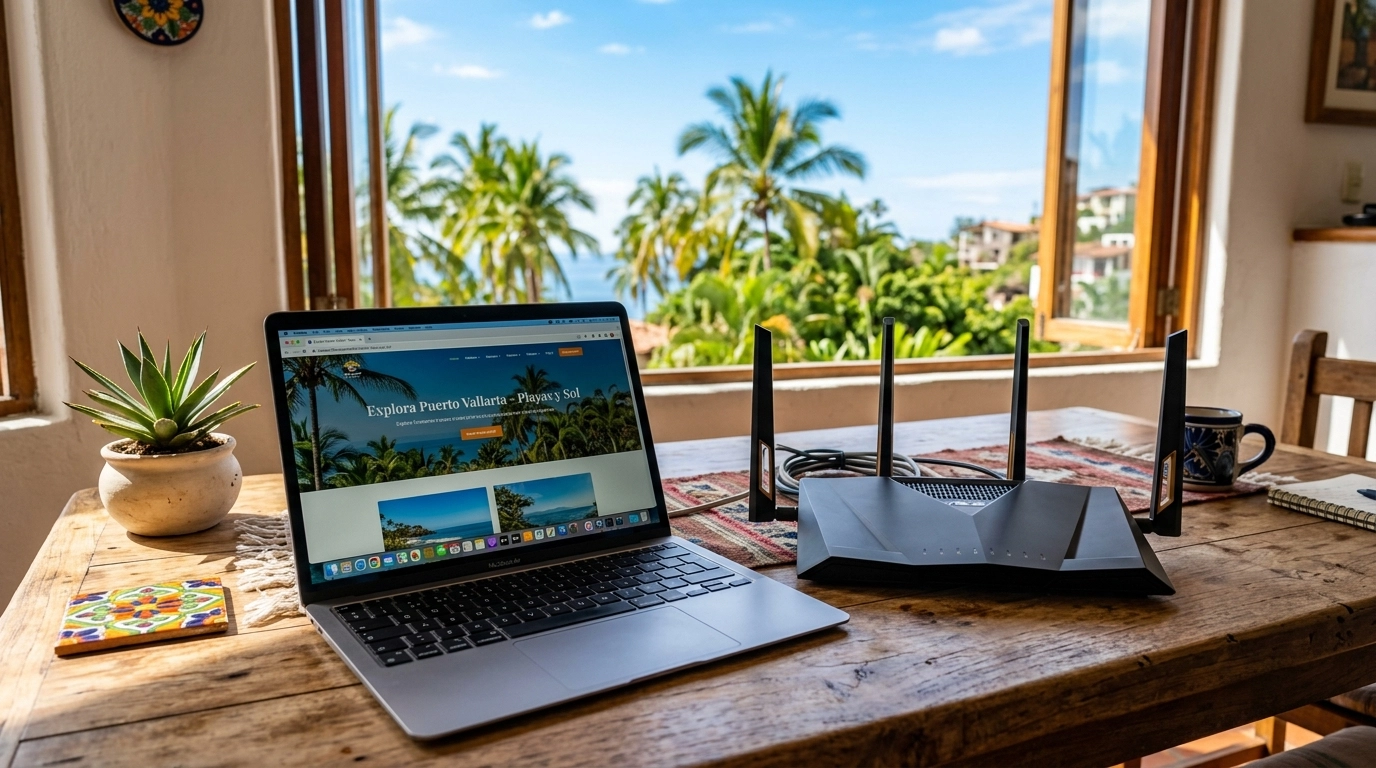 Modern router and laptop in a sunny tropical room