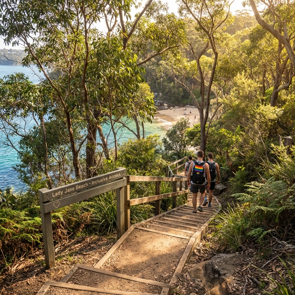 Coastal walking path descending to Lady Jane Beach through native bushland in Watsons Bay