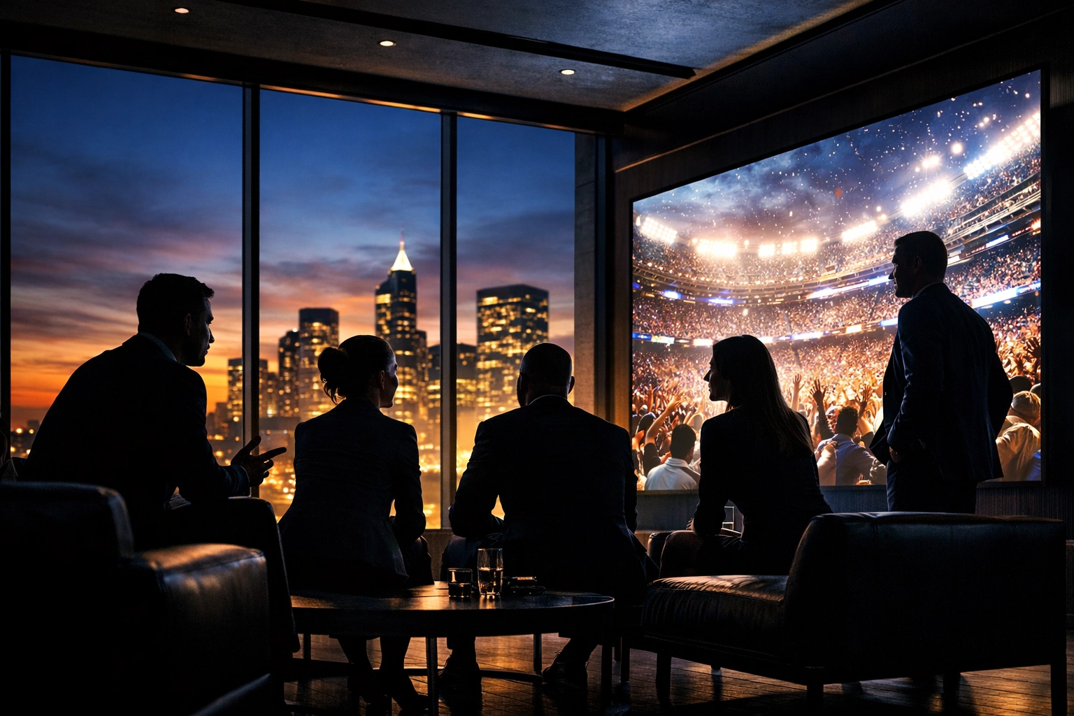 Business consulting team in a modern office planning a successful sports media and Super Bowl strategy.