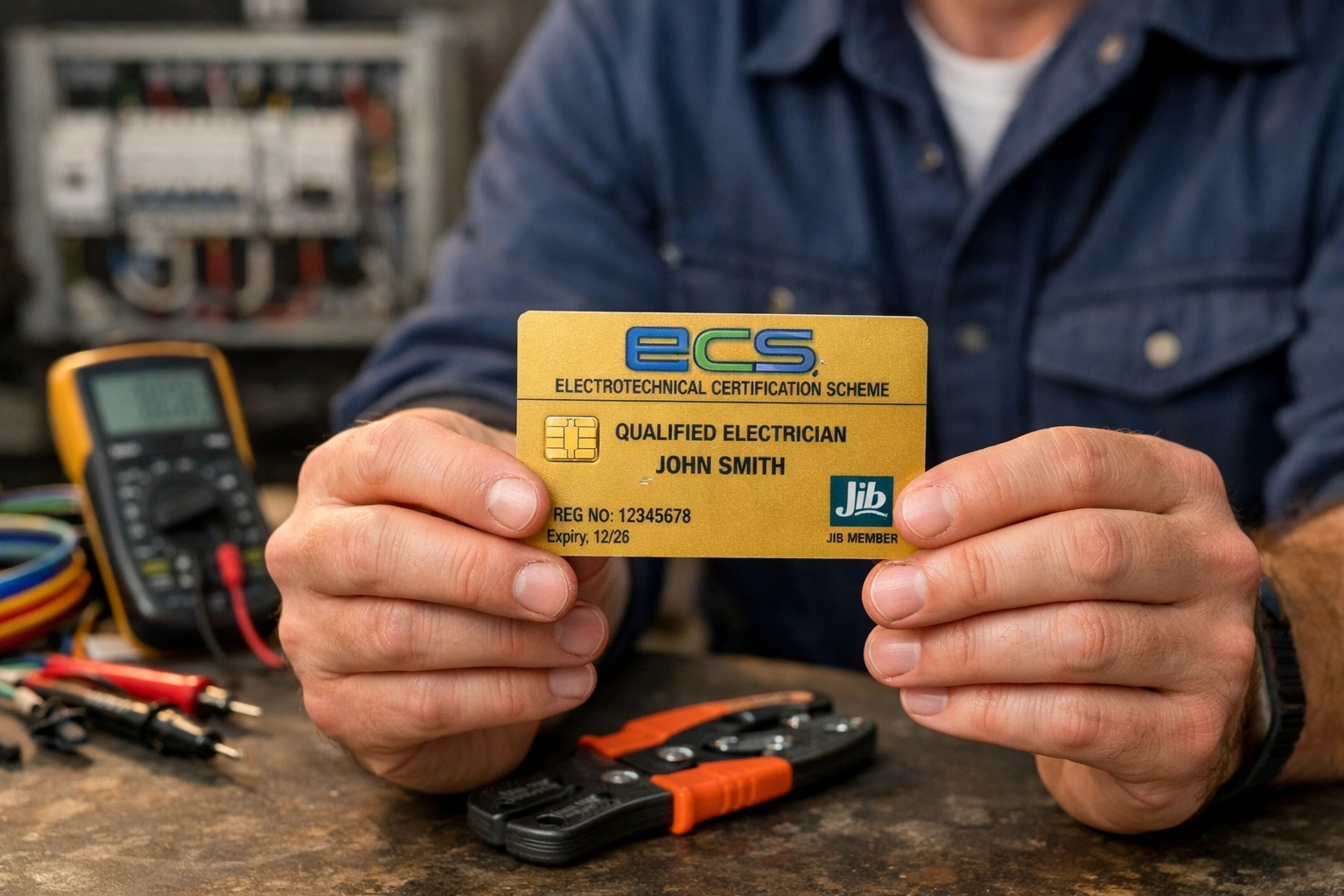 Electrician holding ECS gold card with electrical testing equipment for electrotechnical work