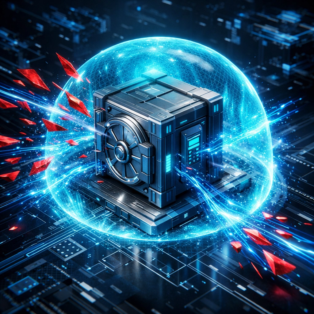 Secure digital vault with AI-powered shield blocking fraud attacks to protect Web3 merchant payments.