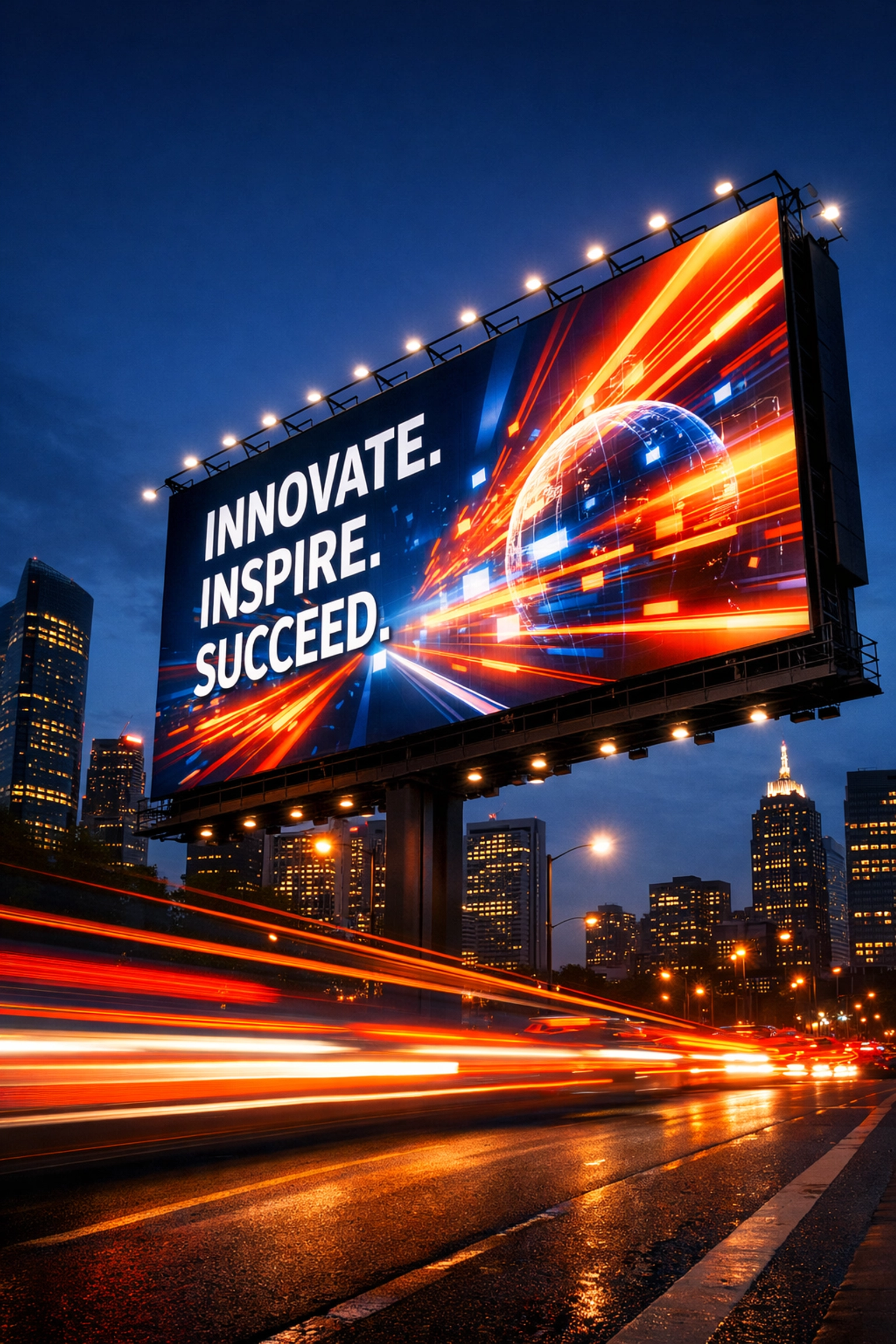 Digital billboard displaying Super Bowl advertising in urban environment at dusk with traffic