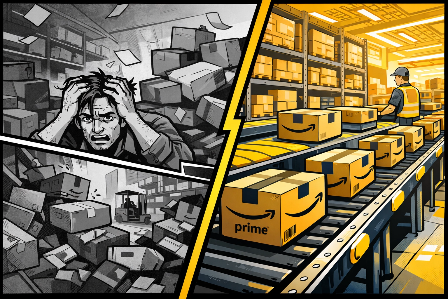 Contrast between disorganized warehouse and systematic Amazon FBA fulfillment operations