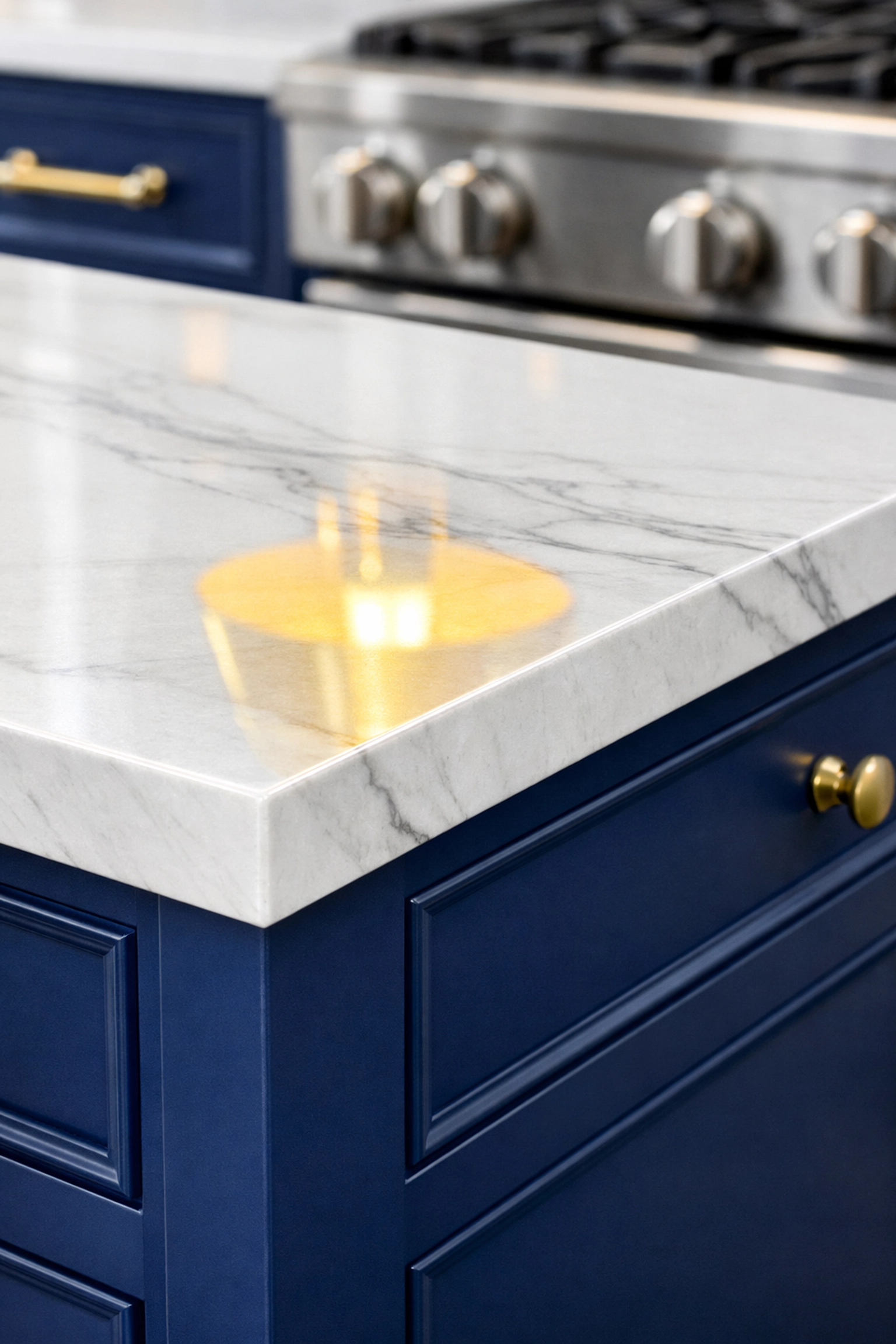 Professional residential cleaning Massachusetts deep clean results on a pristine white marble kitchen island.