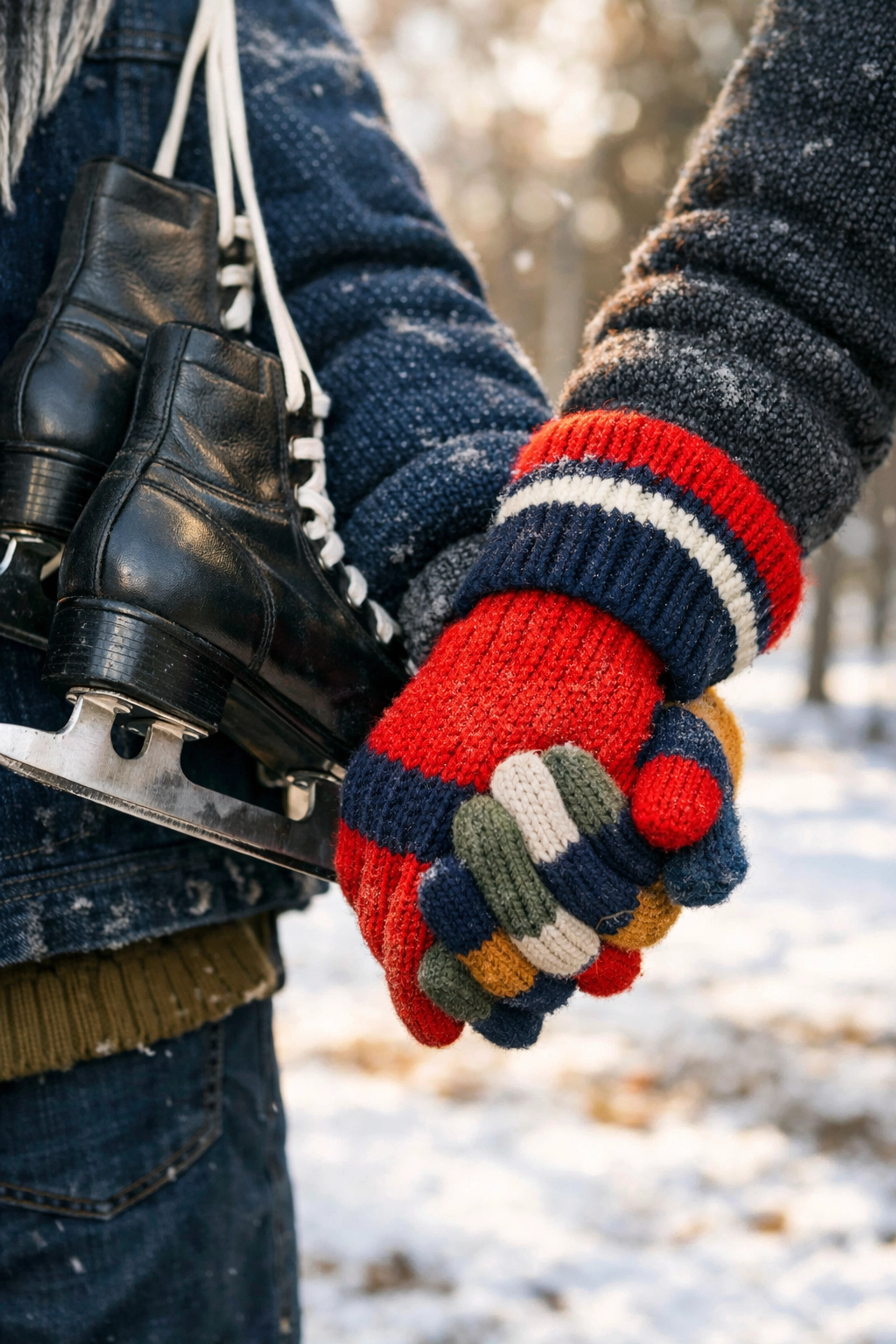 Gay couple holding hands while carrying ice skates through a snowy park on a cozy winter date.